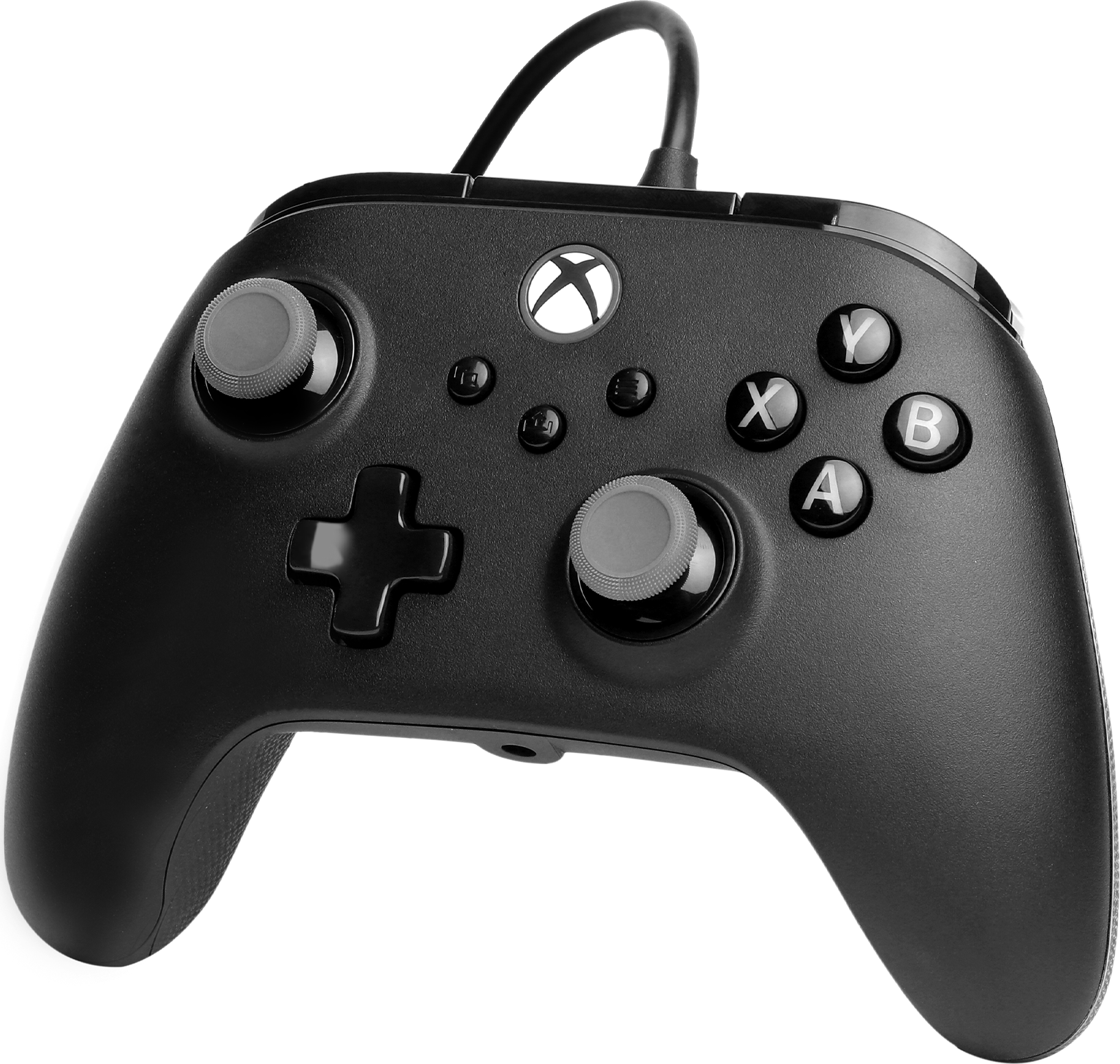 Egy fekete Xbox kontroller gombokkal és kábellel, fekete háttéren. Az Xbox logója látható.
