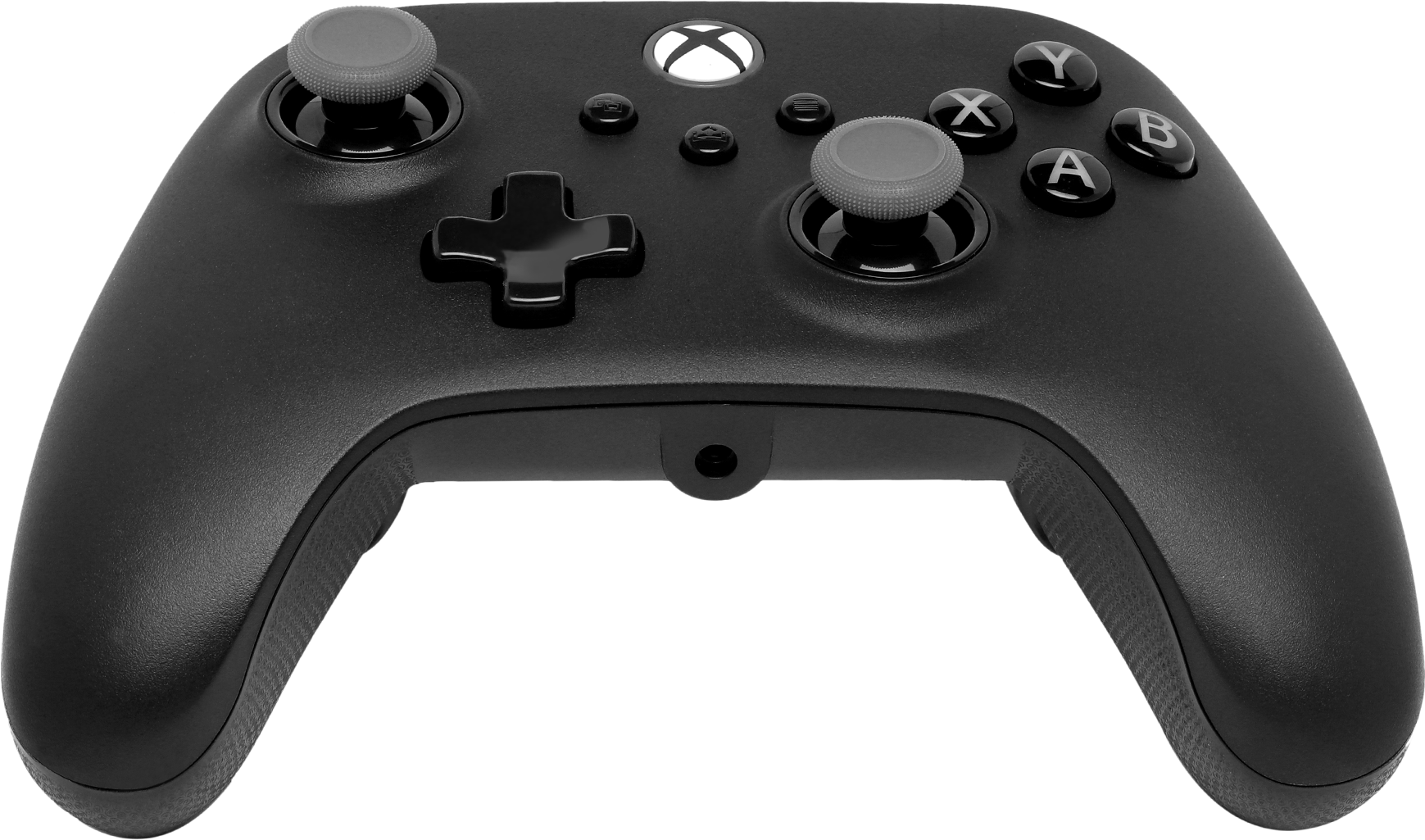 Fekete Xbox kontroller. Gombok és karok. Xbox logó felül.