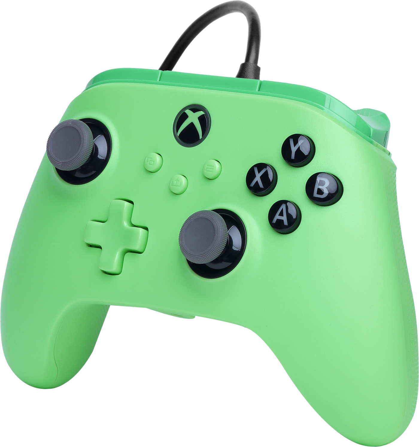 Egy zöld Xbox vezérlő fekete gombokkal és hüvelykujjakal. Szögben van, az elülső oldalt mutatva.