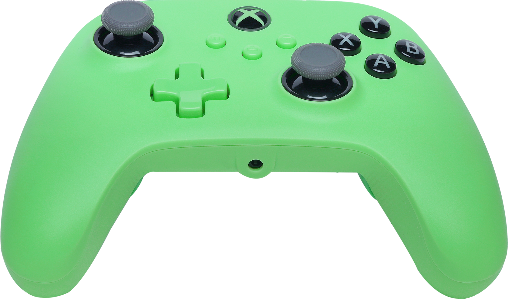 Zöld Xbox kontroller fekete gombokkal, szürke hüvelykujjak, fekete háttérrel.