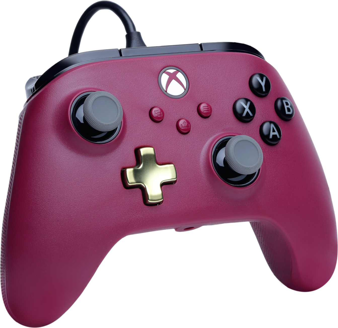 Borsóvörös Xbox kontroller, arany kereszttel. Gombok és karok. Xbox logo.