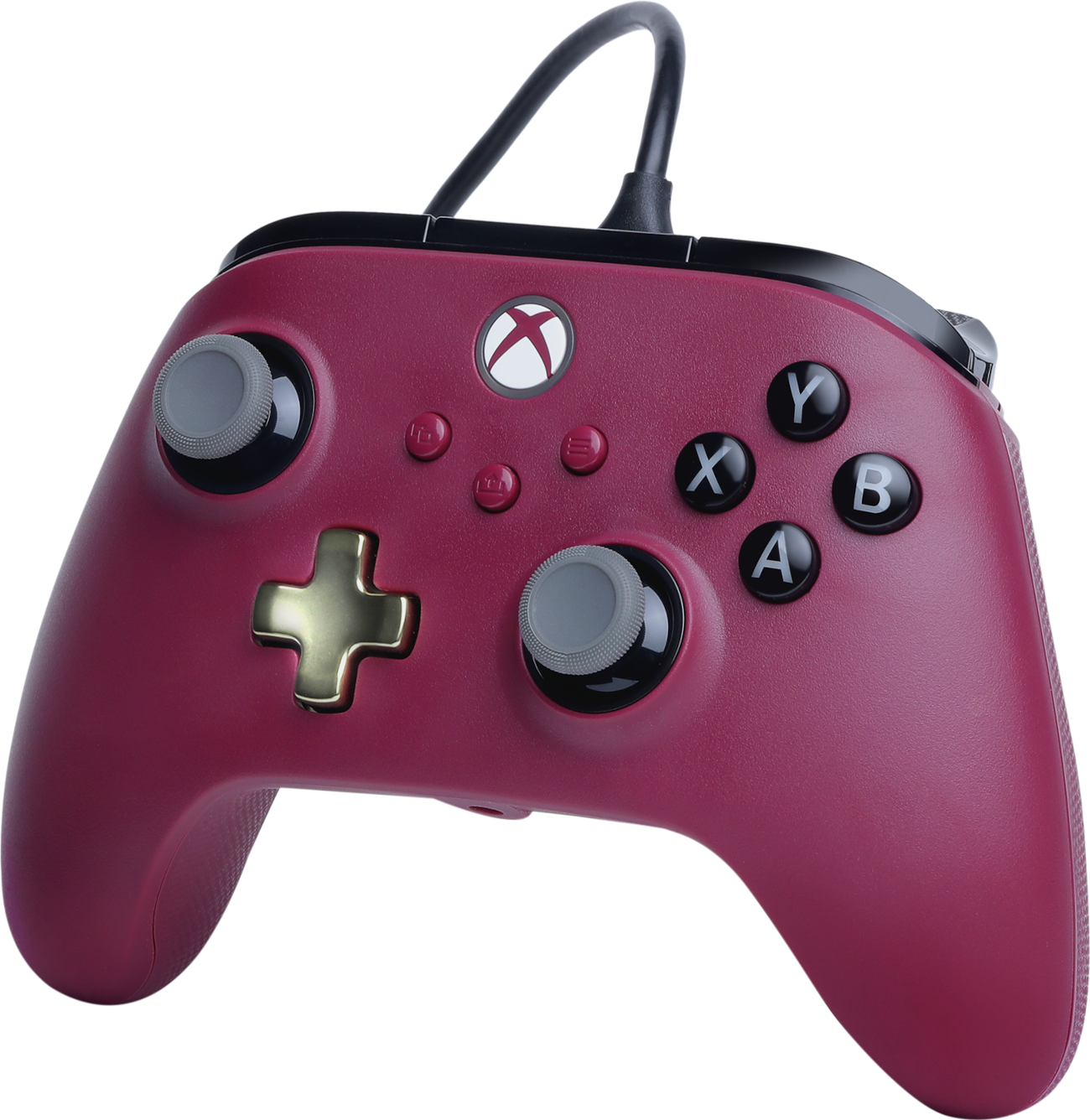 Borsóvörös Xbox kontroller. Gombok, karok. Xbox logo felül. Fekete kábel csatlakozik.