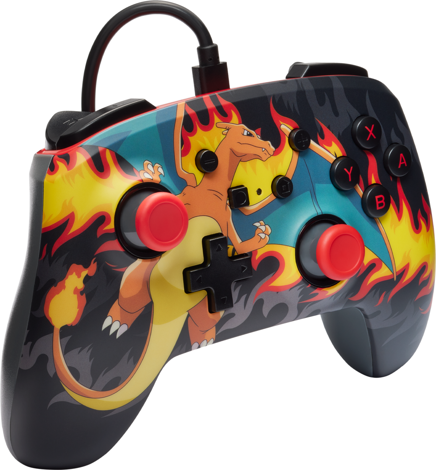 Egy Nintendo Switch vezérlő Charizard dizájnnal, lángokkal és a gombokkal.