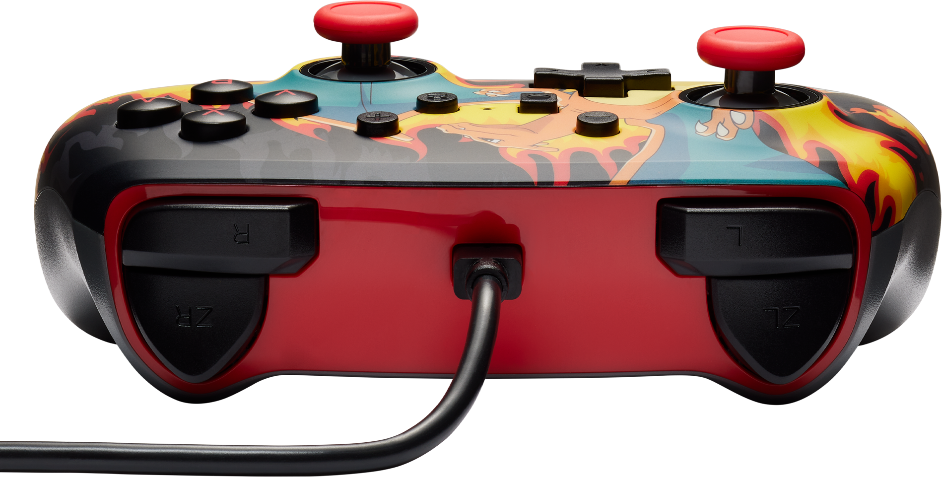 Közelkép egy fekete-piros Nintendo Switch vezérlőről, Charizard grafikával.