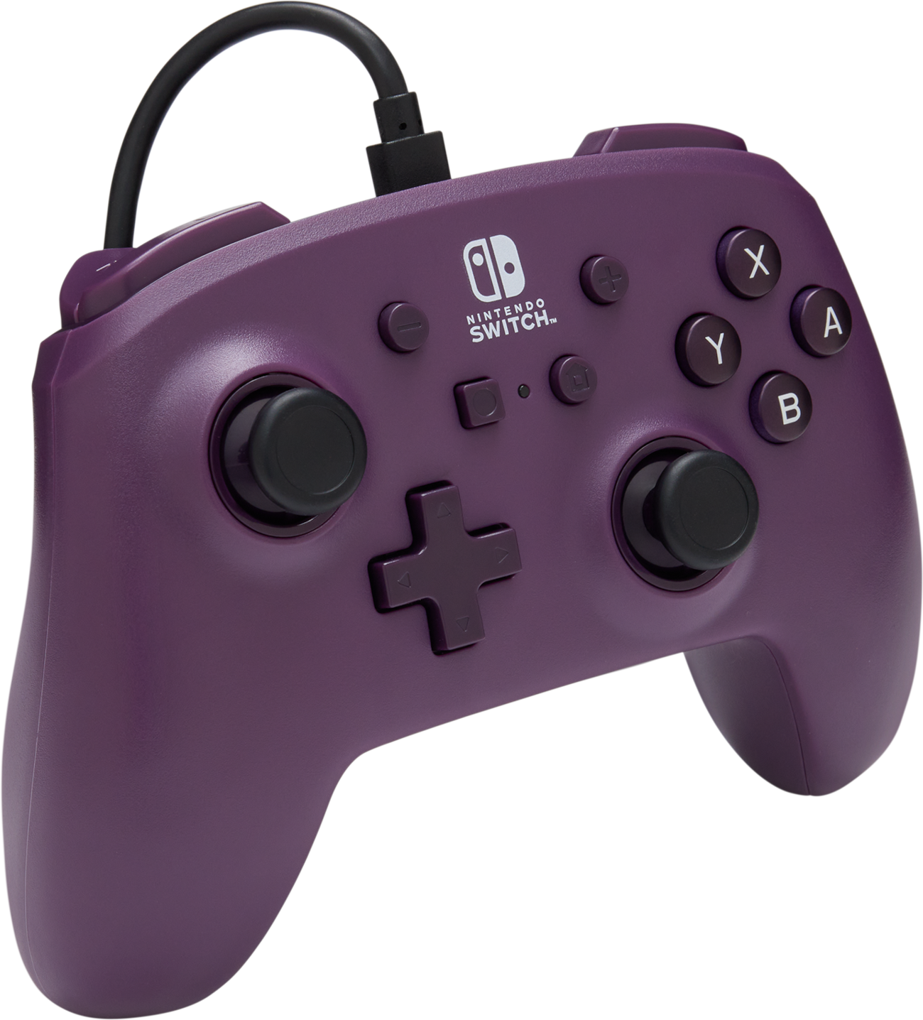Lila Nintendo Switch vezérlő fekete gombokkal és joystickekkel, fekete töltőkábellel.