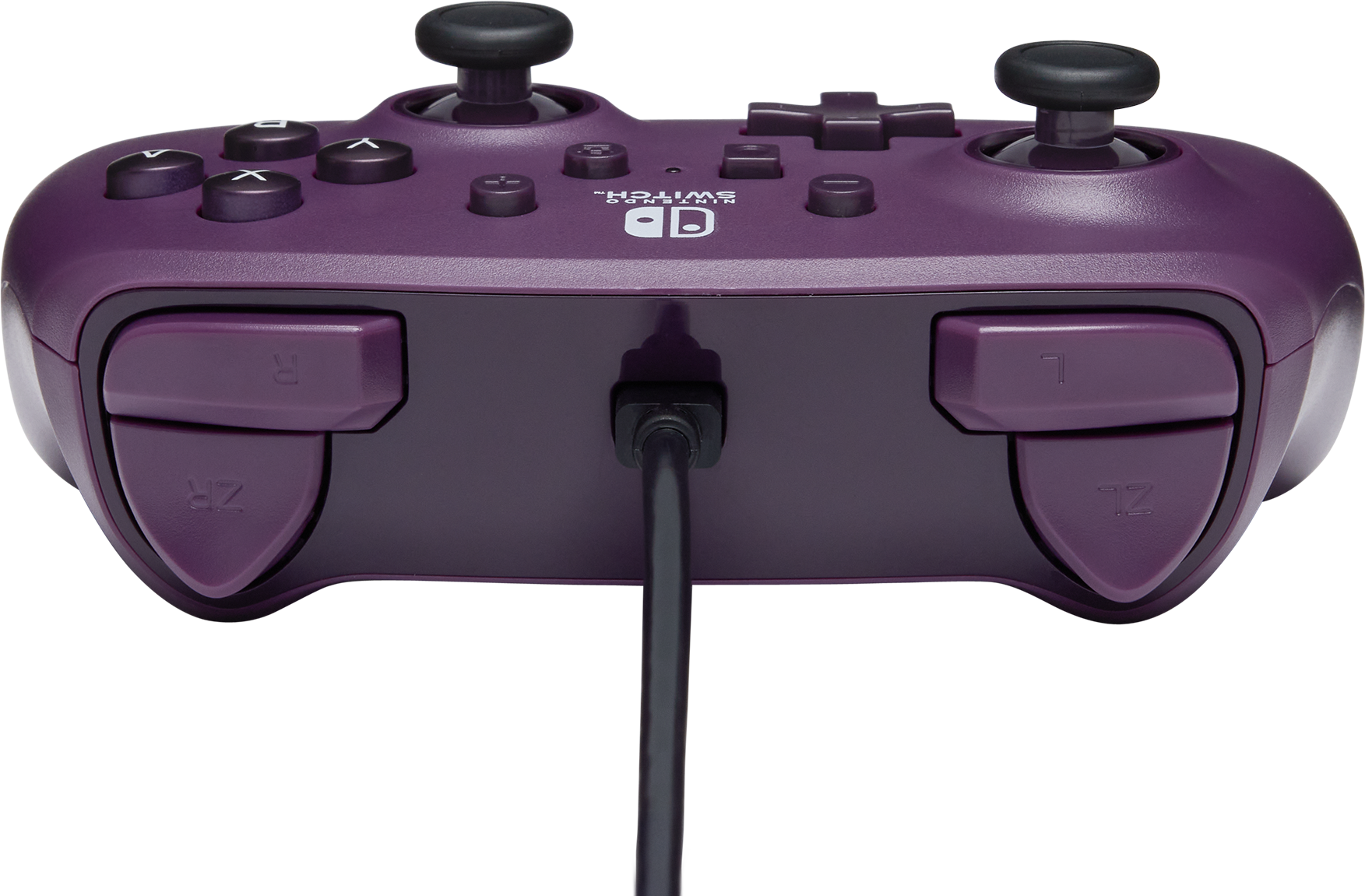 Egy lila Nintendo Switch kontroller gombokkal. A kontroller egy fekete kábellel van csatlakoztatva.