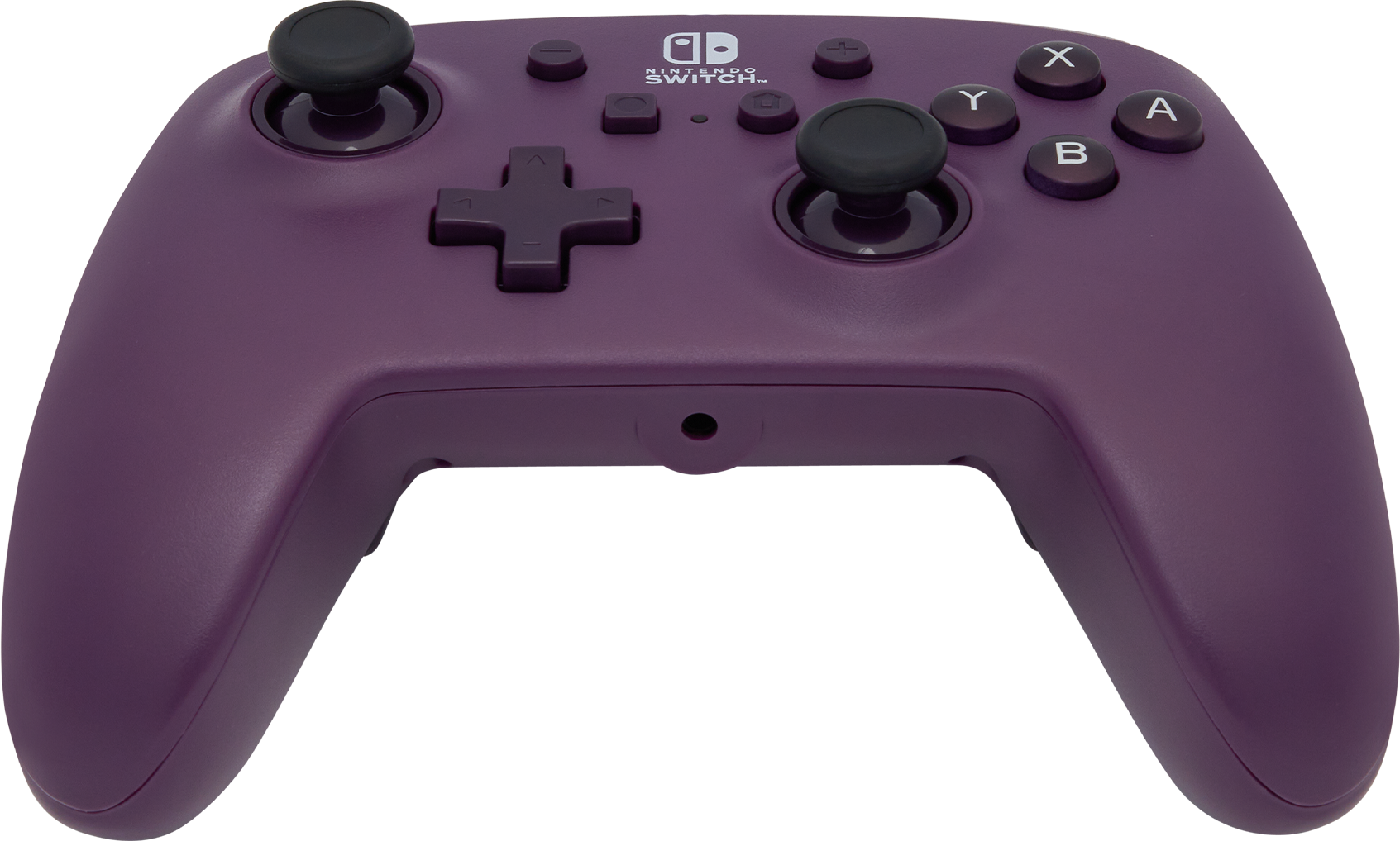 Egy lila Nintendo Switch kontroller. A gombok fehérek és feketék.