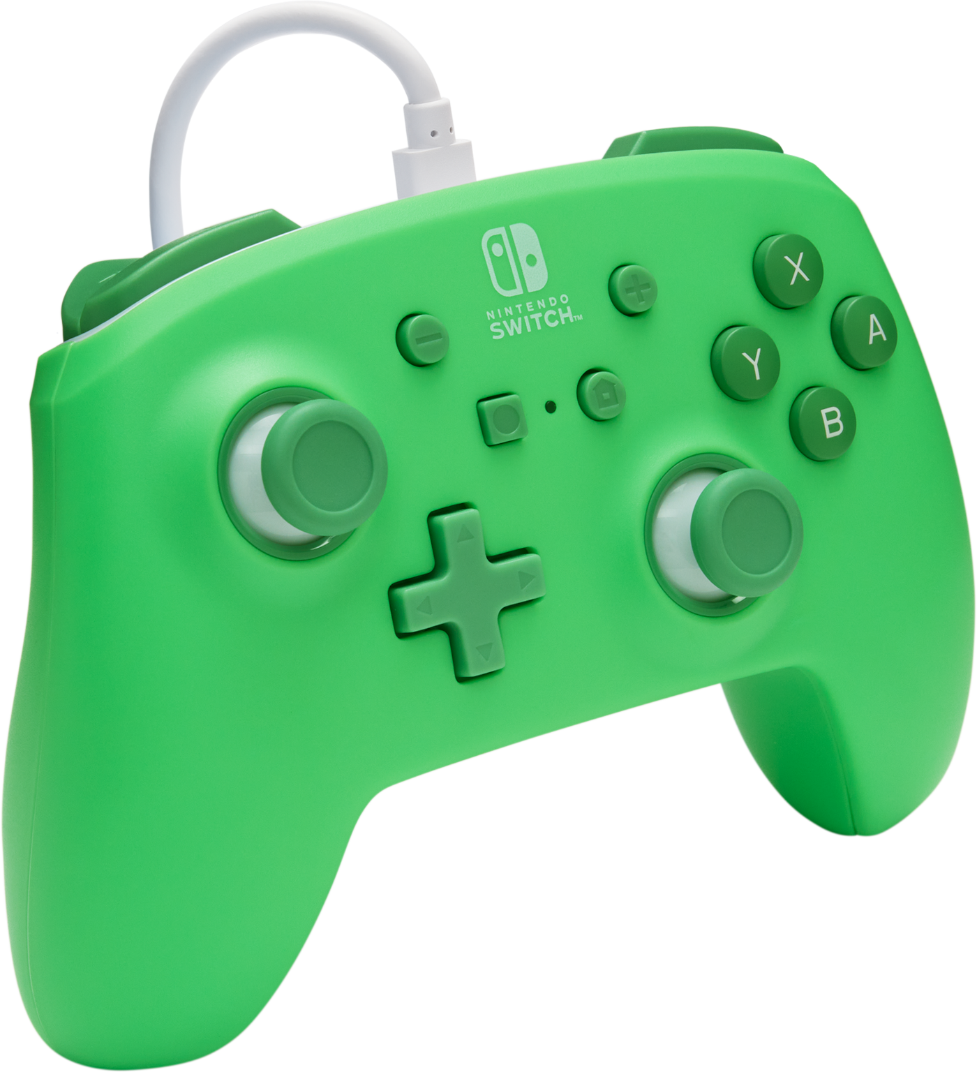 Zöld Nintendo Switch vezérlő gombokkal és joystickokkal, fehér kábellel.