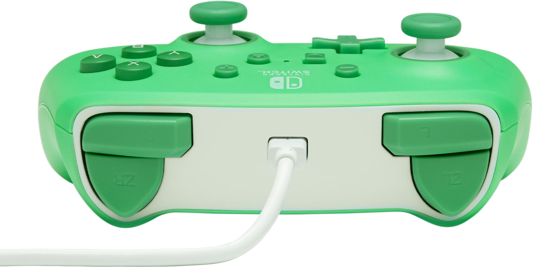 Zöld-fehér Nintendo Switch kontroller. Gombok, joystickek, USB port.