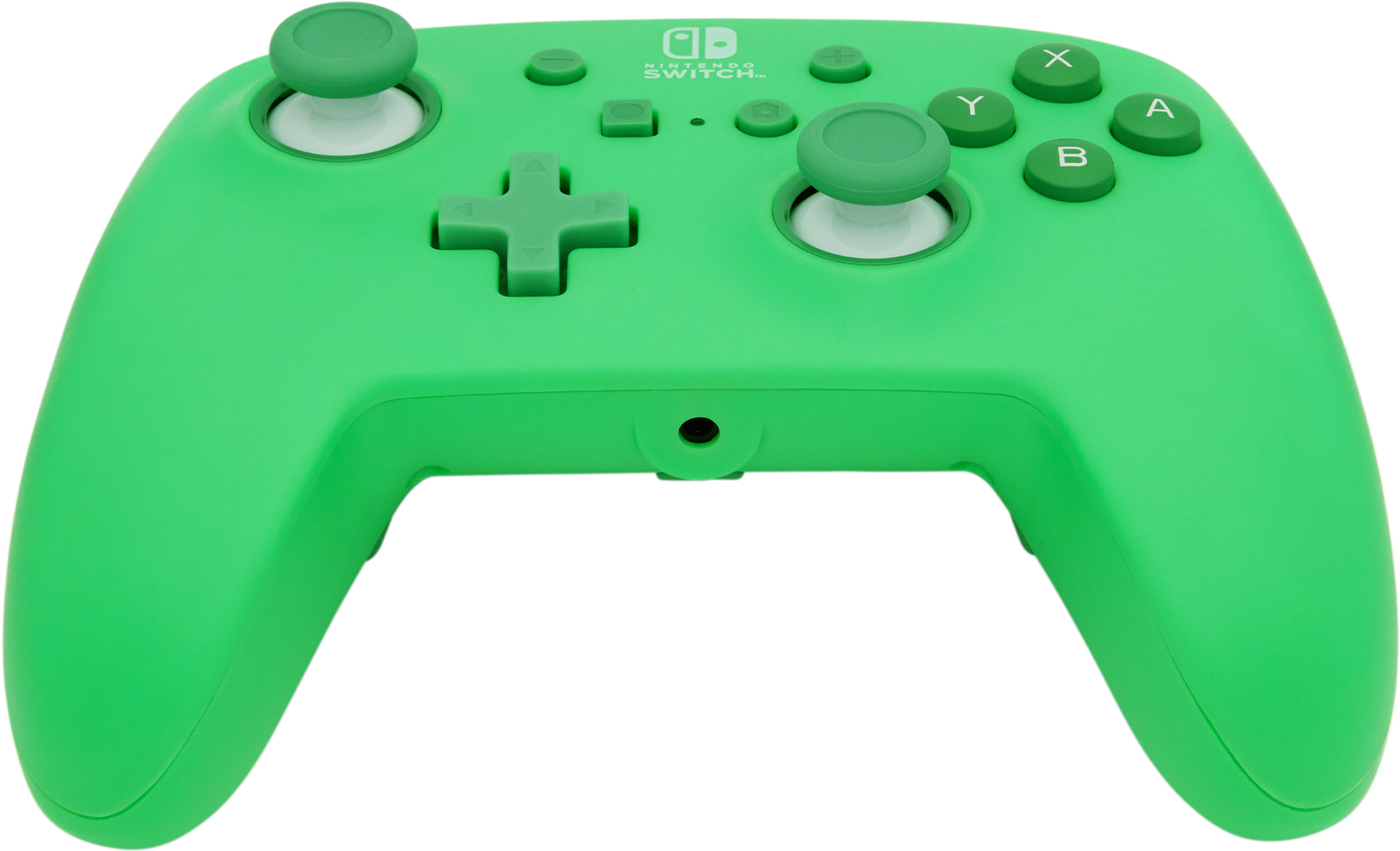 Zöld Nintendo Switch kontroller gombokkal. Fehér analóg karok.