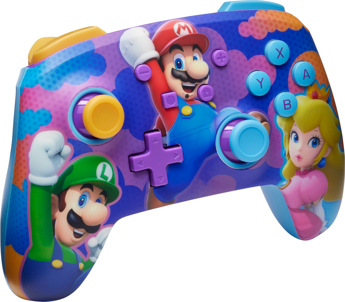Egy Nintendo Switch vezérlő, Mario, Luigi és Peach grafikával. A gombok színesek.