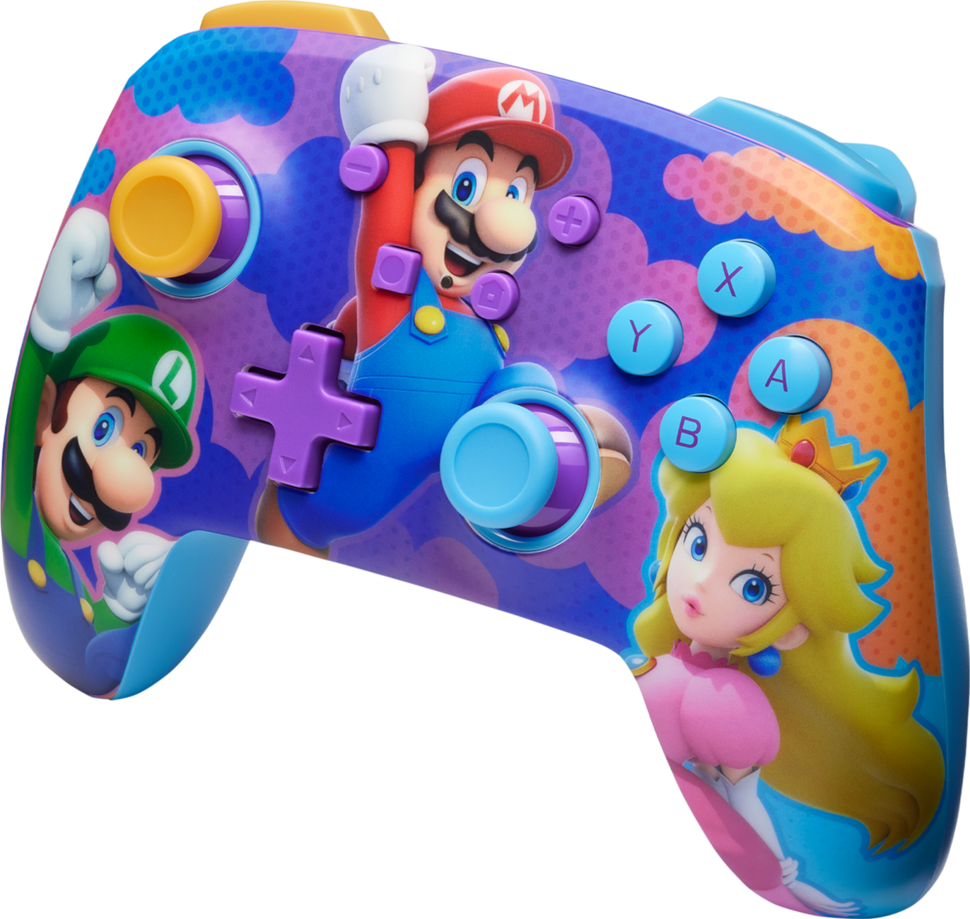 Nintendo Switch kontroller Mario, Luigi és Peach-csel. Színes, gombokkal és karokkal.