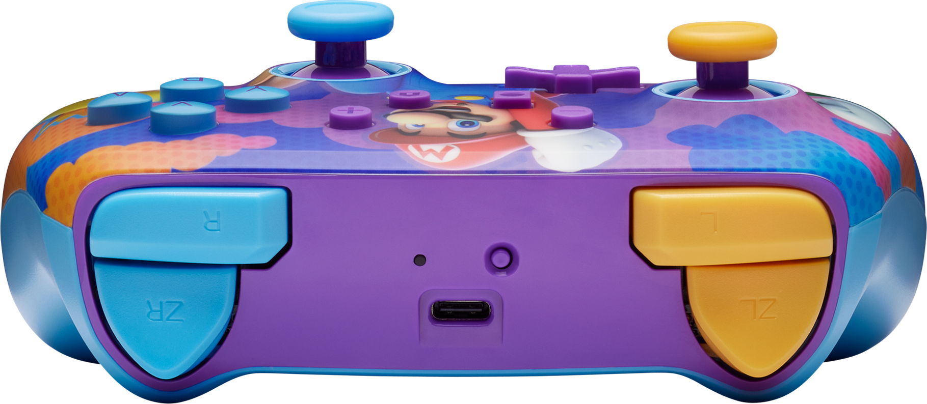 Egy Nintendo Switch kontroller Mario grafikával. Kék, lila és sárga színek láthatók.