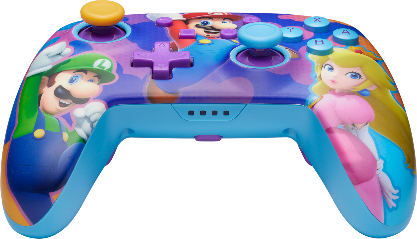 Kék Switch-vezérlő Mario, Luigi és Peach grafikával.