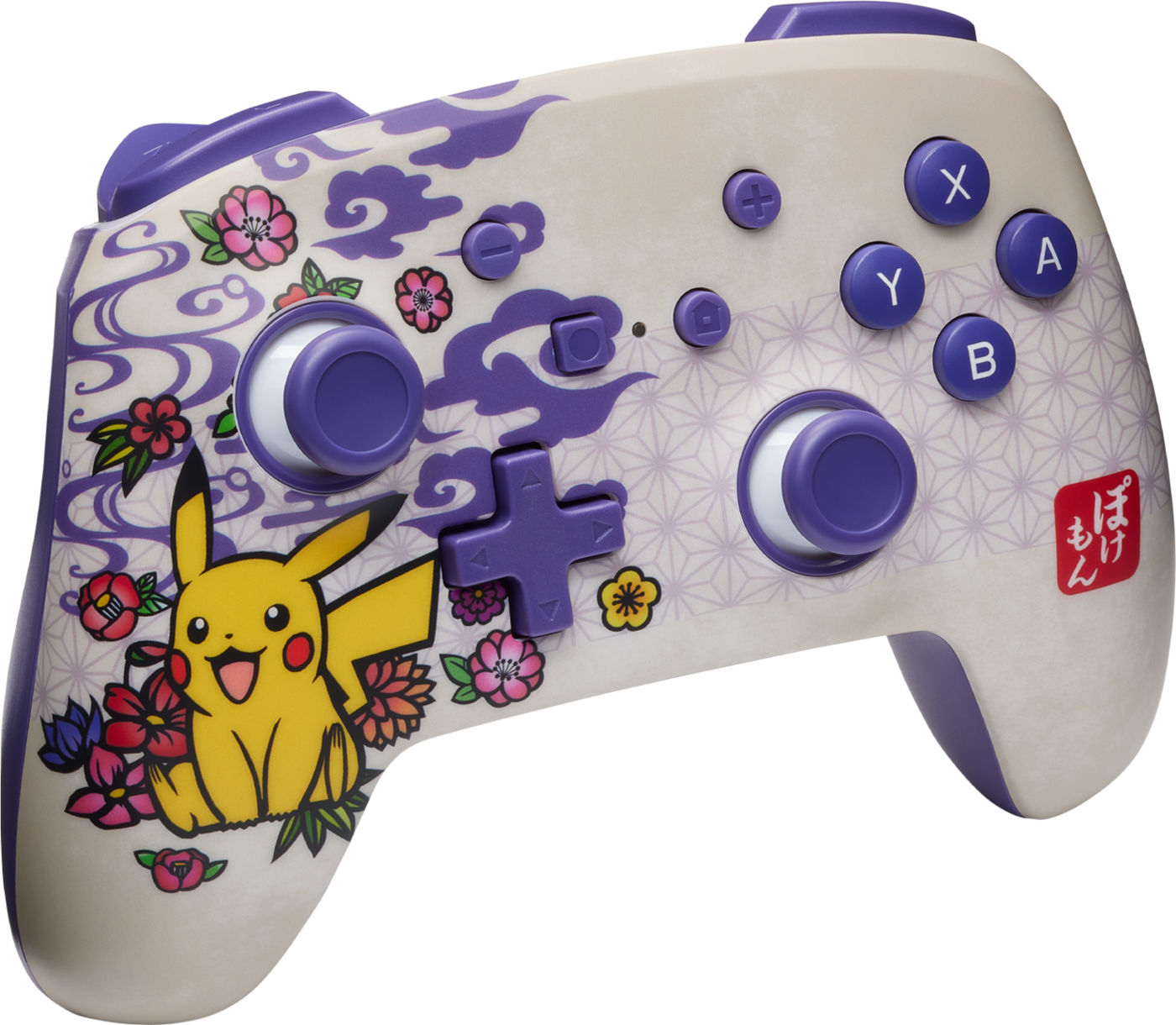 Pokemon témájú Nintendo Switch vezérlő Pikachu dizájnnal, gombokkal és vezérlőkarokkal.