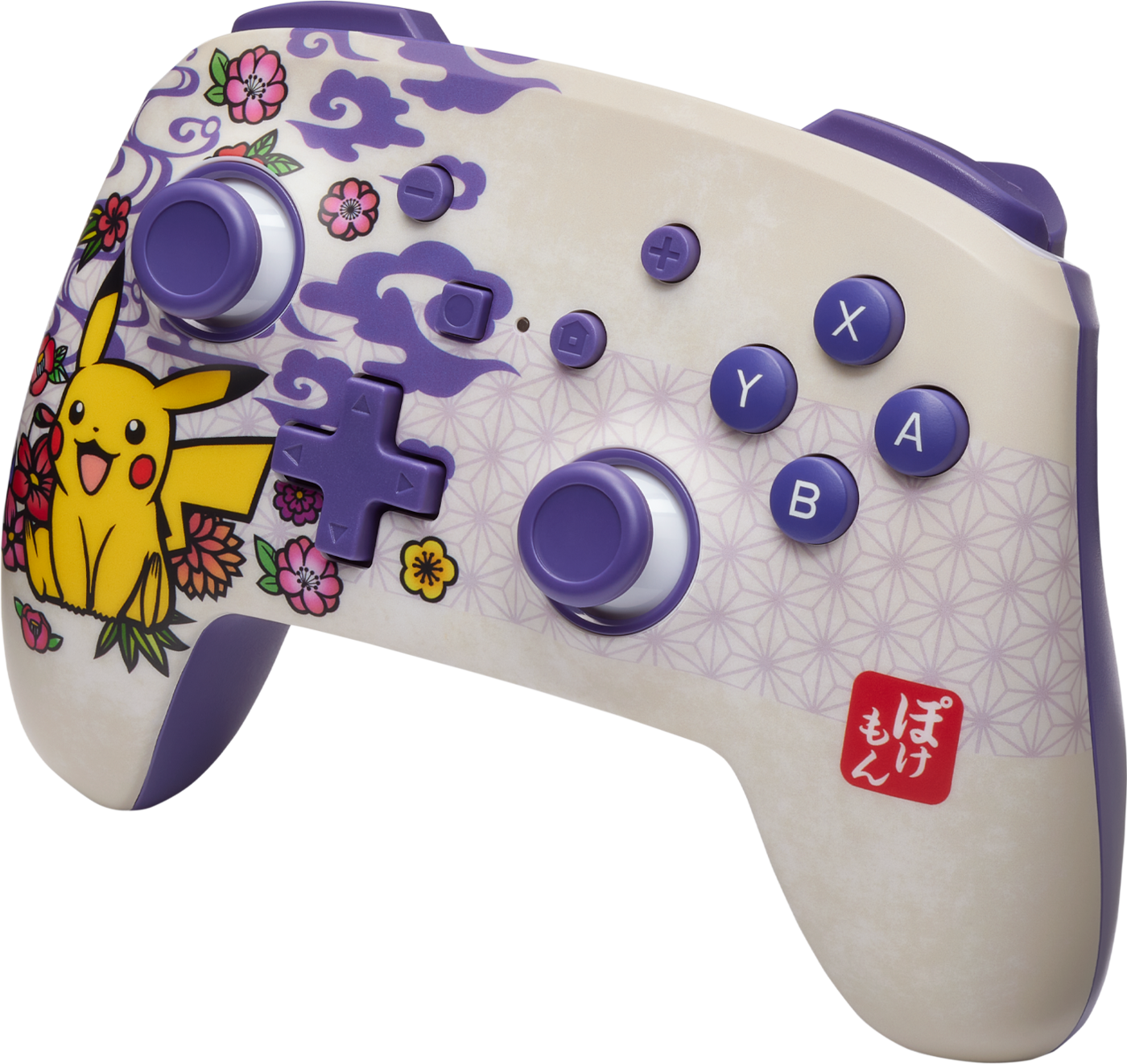 Fehér-lila Nintendo Switch kontroller Pikachu grafikával.