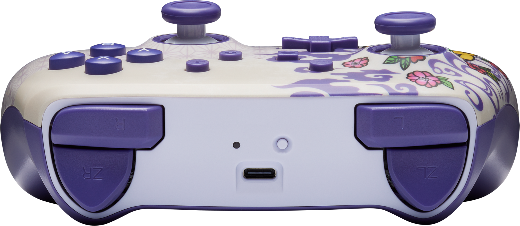 Egy lila-fehér Nintendo Switch vezérlő közeli képe gombokkal és USB-C porttal.