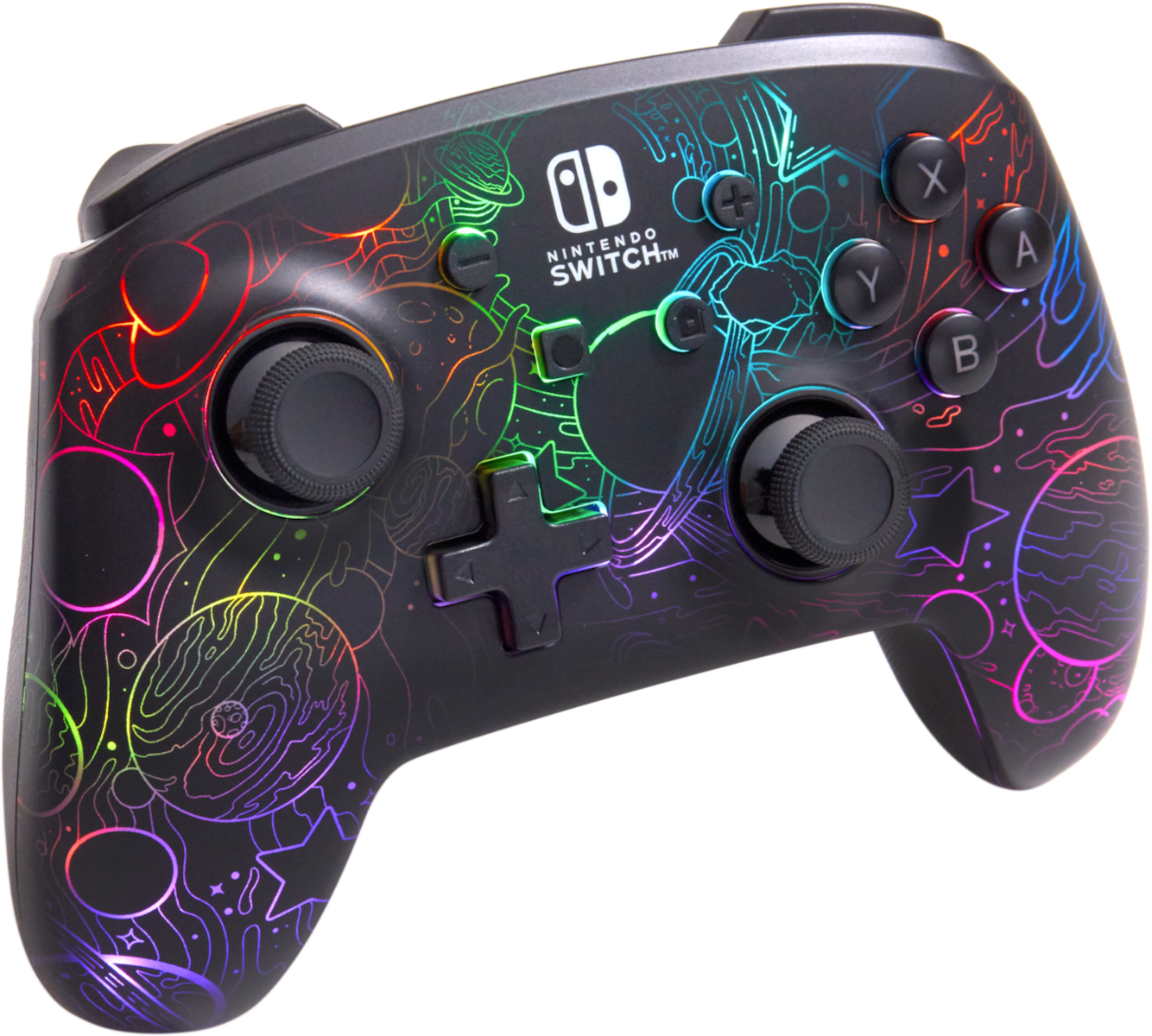 Fekete Nintendo Switch kontroller. Színes design bolygókkal, csillagokkal. Gombok, karok.