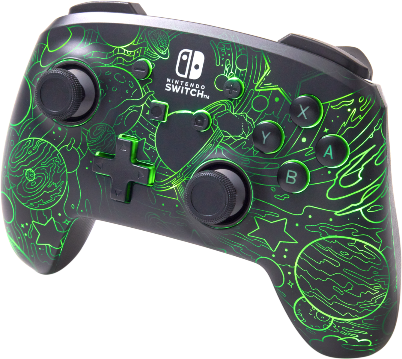 Fekete Nintendo Switch kontroller zöld dizájnnal és gombokkal. A kontroller fekete.