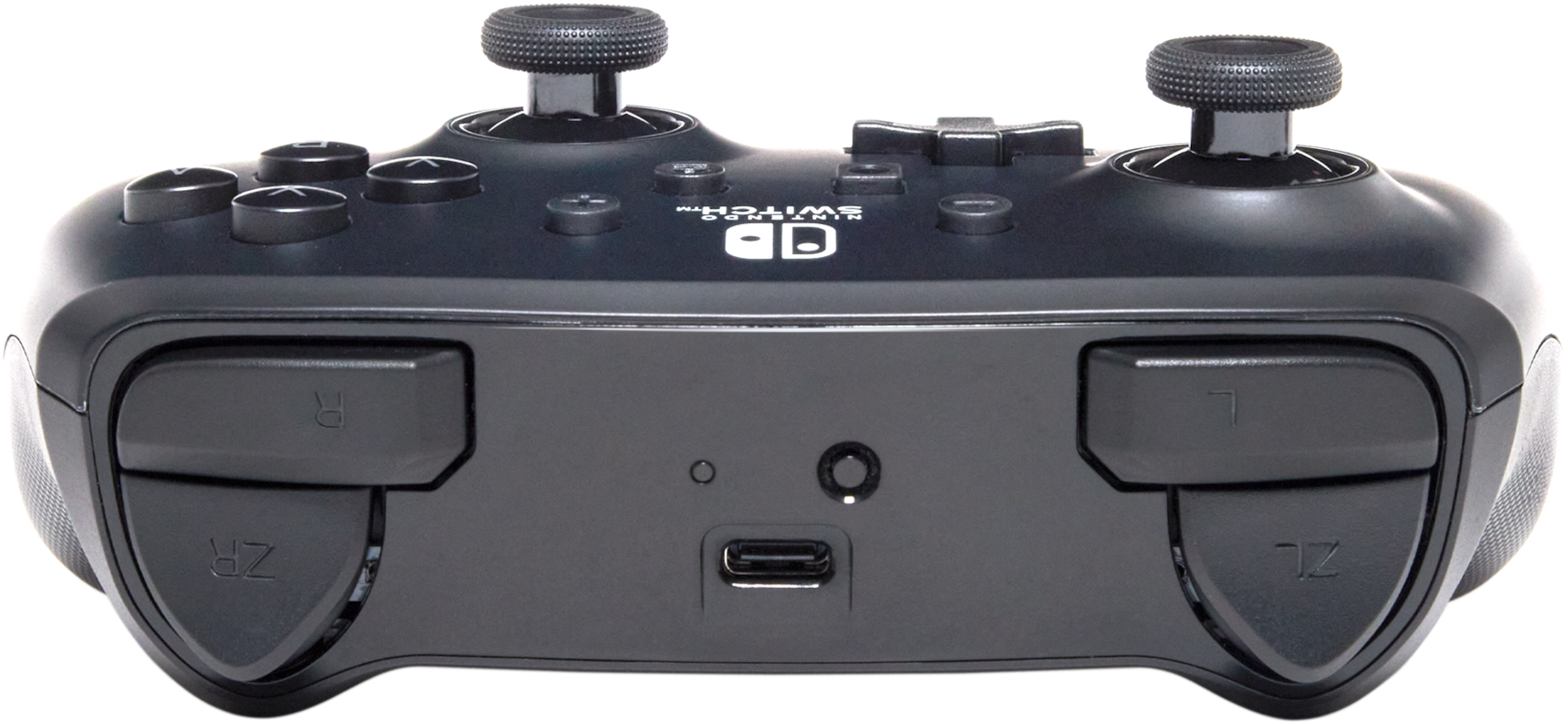 Egy fekete Nintendo Switch vezérlő gombokkal és joystickokkal.