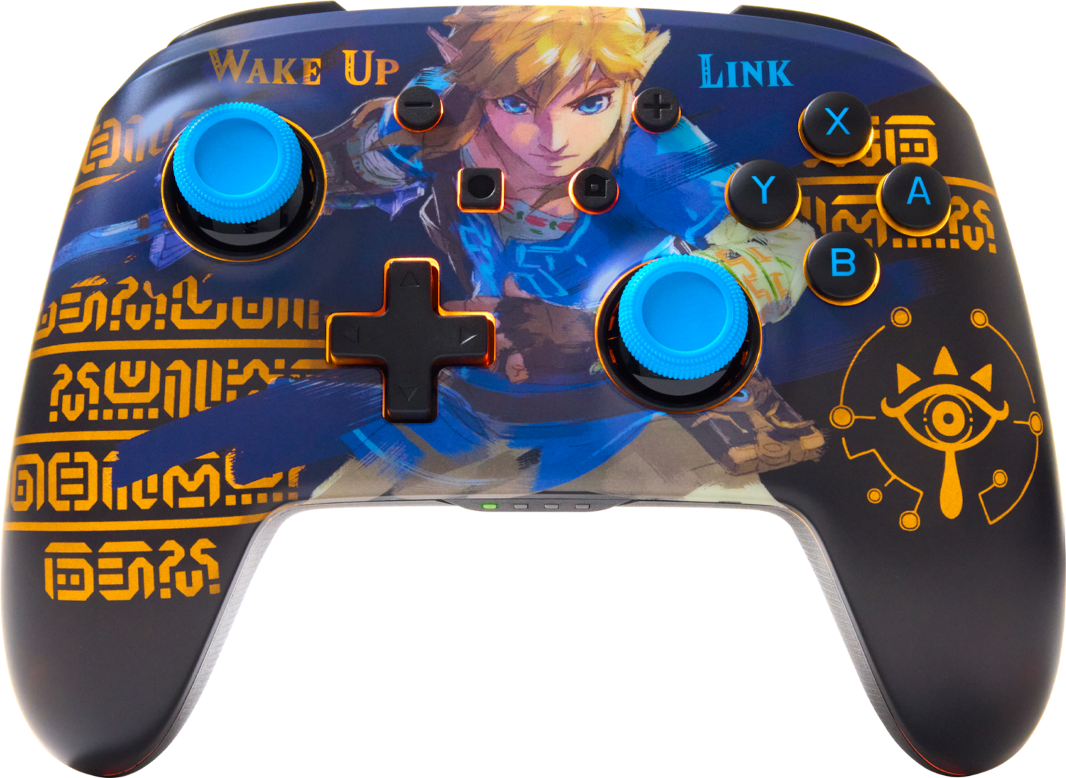 Nintendo Switch vezérlő Zelda témával, Link karakterrel és a játék logóival.