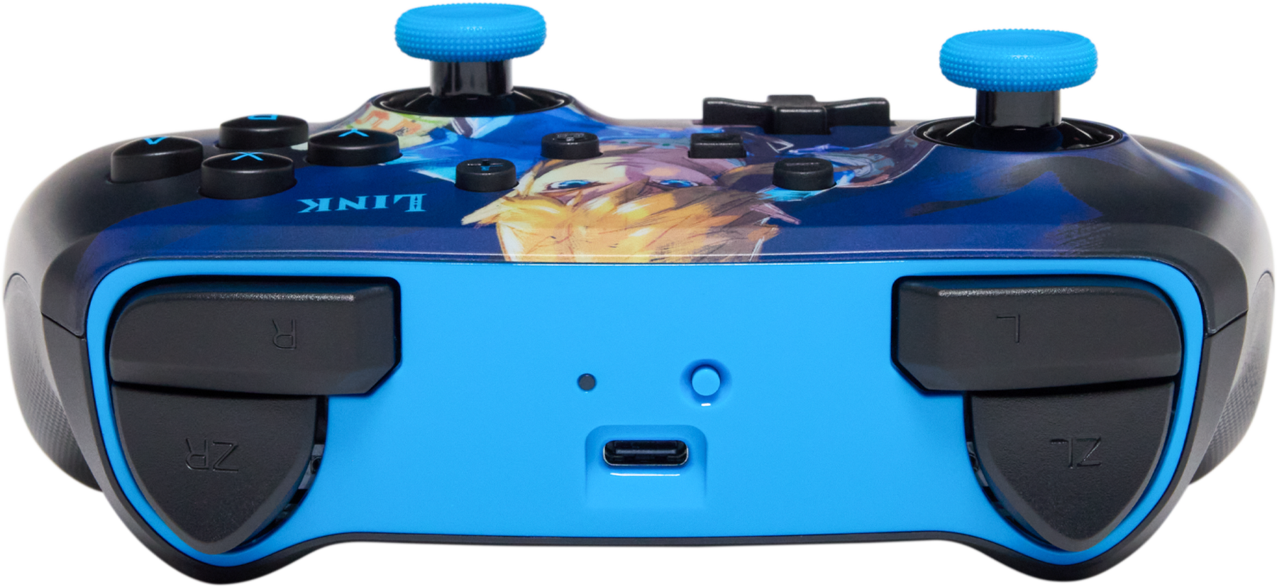 Nintendo Switch kontroller. Kék, Link képpel. Gombok, karok, USB port.