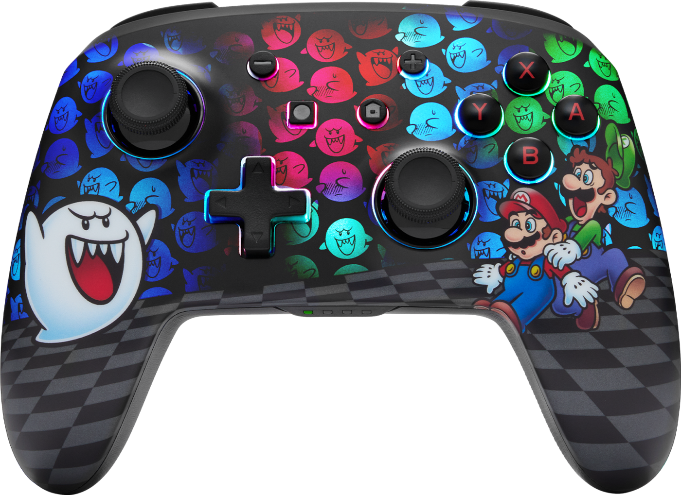 Színes Nintendo Switch kontroller Mario, Luigi és Boo karakterekkel.