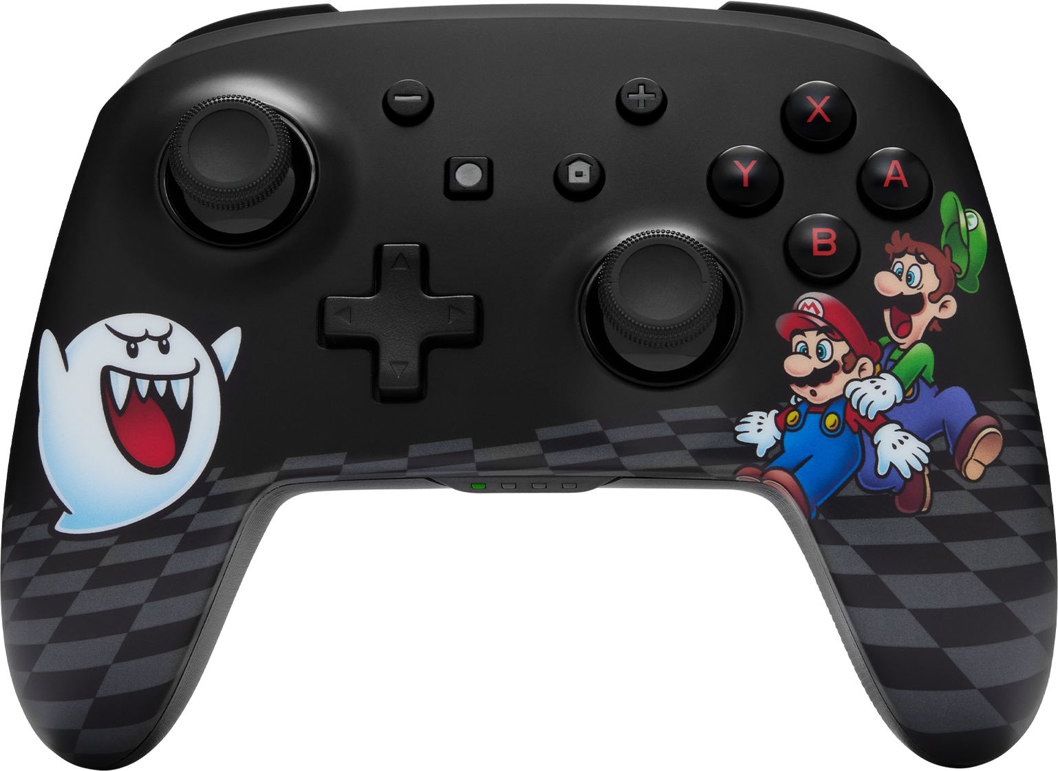 Fekete Nintendo Switch vezérlő. Mario, Luigi és egy Boo karakter a vezérlőn.