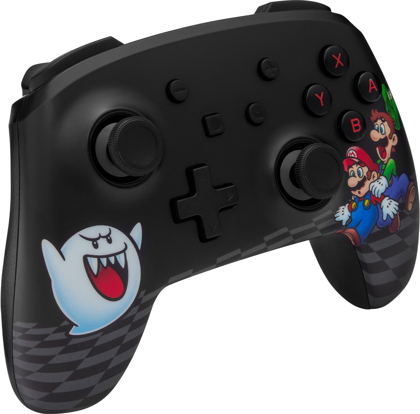 Egy fekete Nintendo Switch kontroller Mario karakterekkel. A kontrolleren gombok és joystickek láthatók.