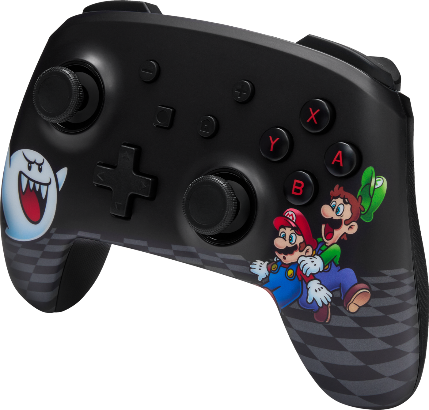 Fekete videojáték-vezérlő Mario és Luigi figurákkal és egy szellemmel.