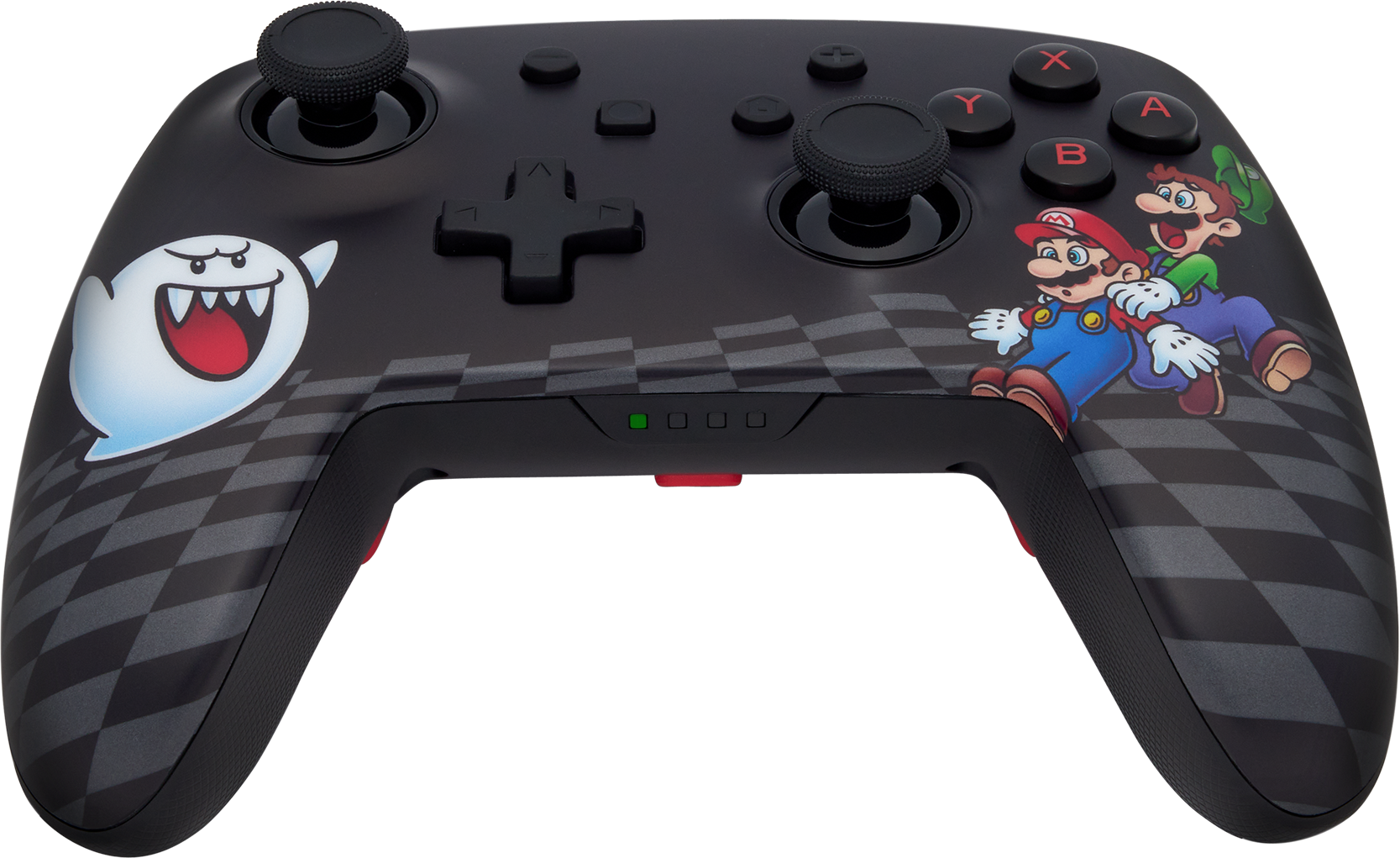 Fekete Nintendo Switch vezérlő Mario, Luigi és Boo grafikával. Piros és zöld gombok.