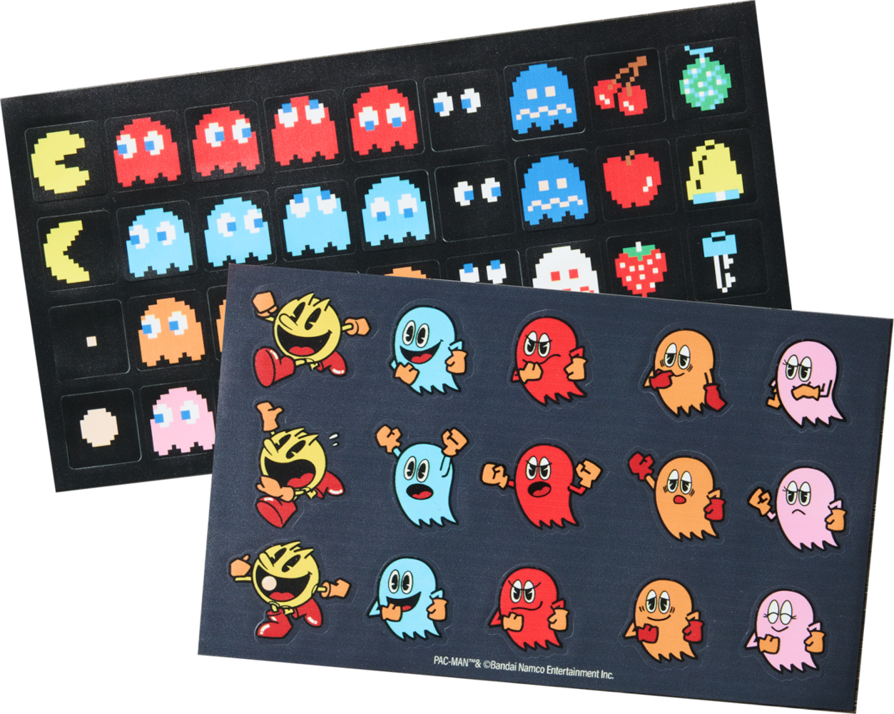 Két ív Pac-Man matrica. Az egyiken pixeles karakterek, a másikon futó Pac-Man figurák láthatók.