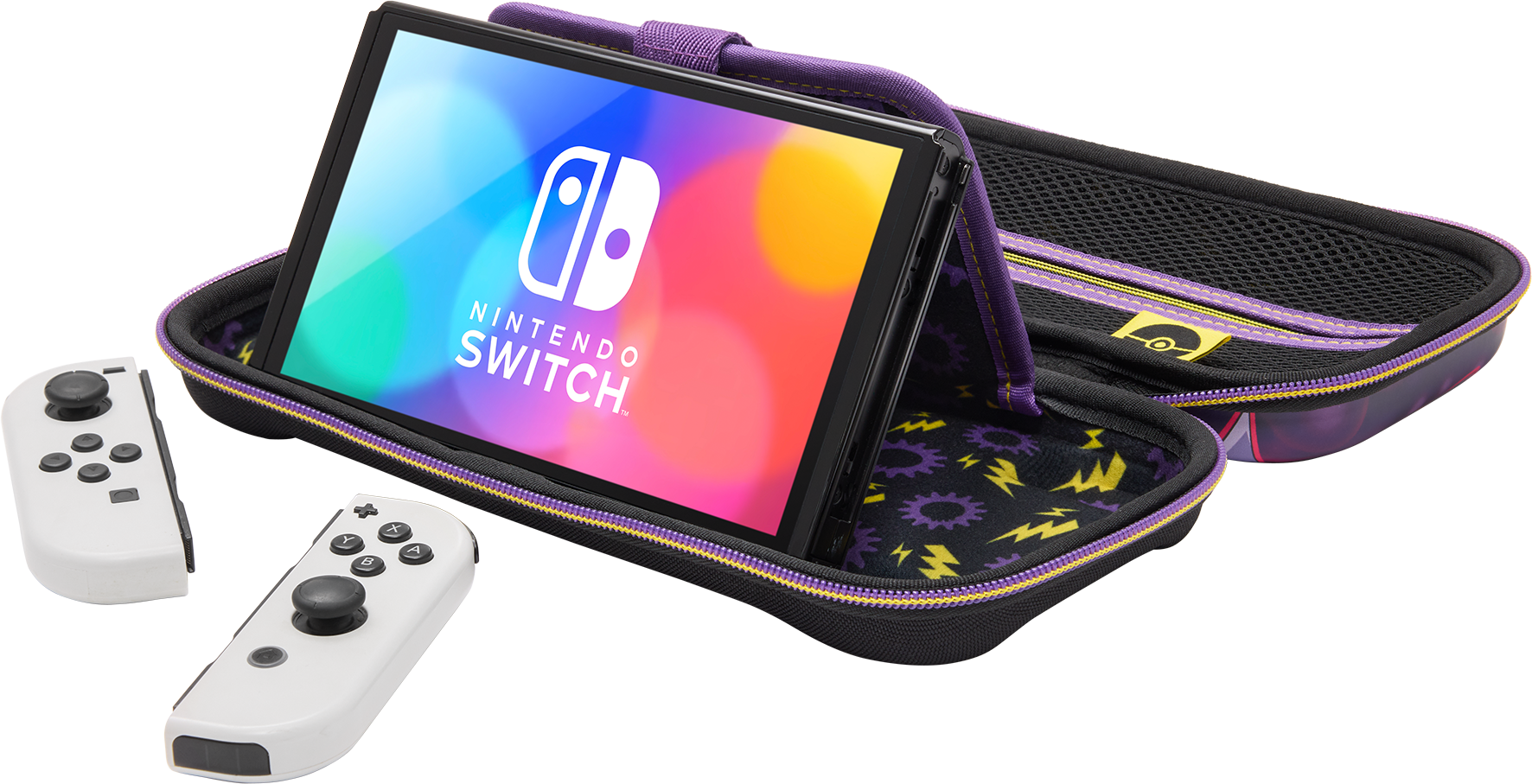 Egy Nintendo Switch egy tokban, kontrollerekkel. A tok fekete, lila díszítésekkel és cipzárral.