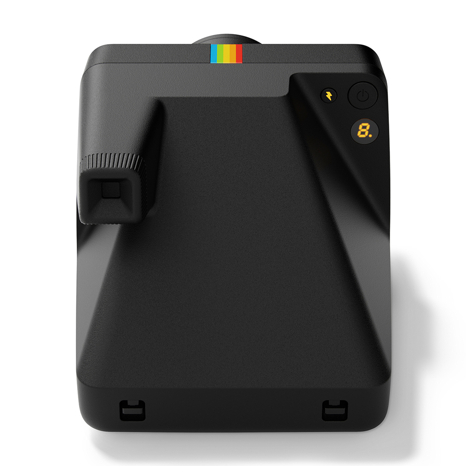 Una fotocamera istantanea nera con una striscia arcobaleno. La parte superiore ha un flash e il pulsante di accensione.