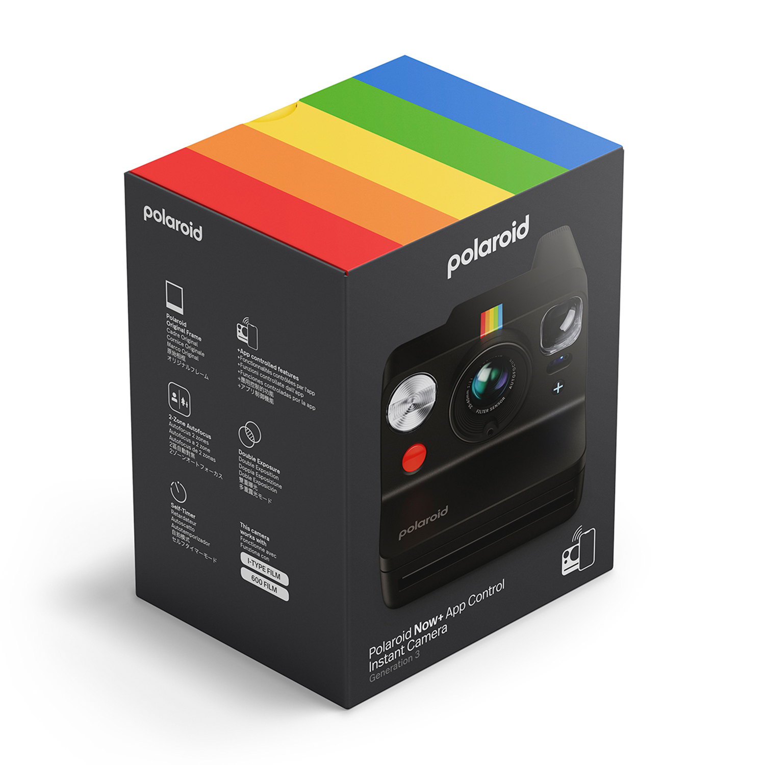 Una fotocamera istantanea Polaroid Now+ App Control nera in una scatola colorata.