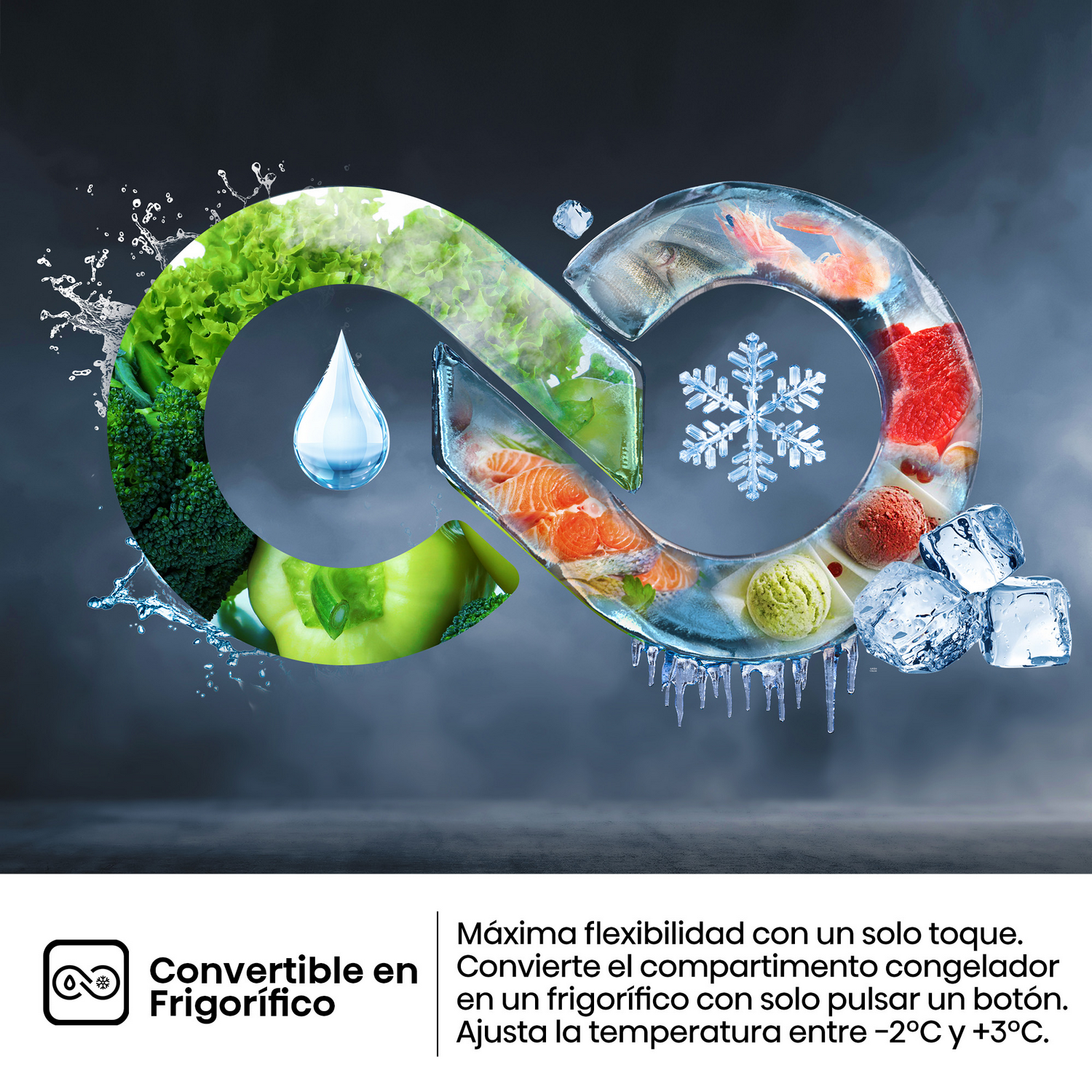 Imagen conceptual de un refrigerador, con ilustraciones de alimentos dentro de una forma única.