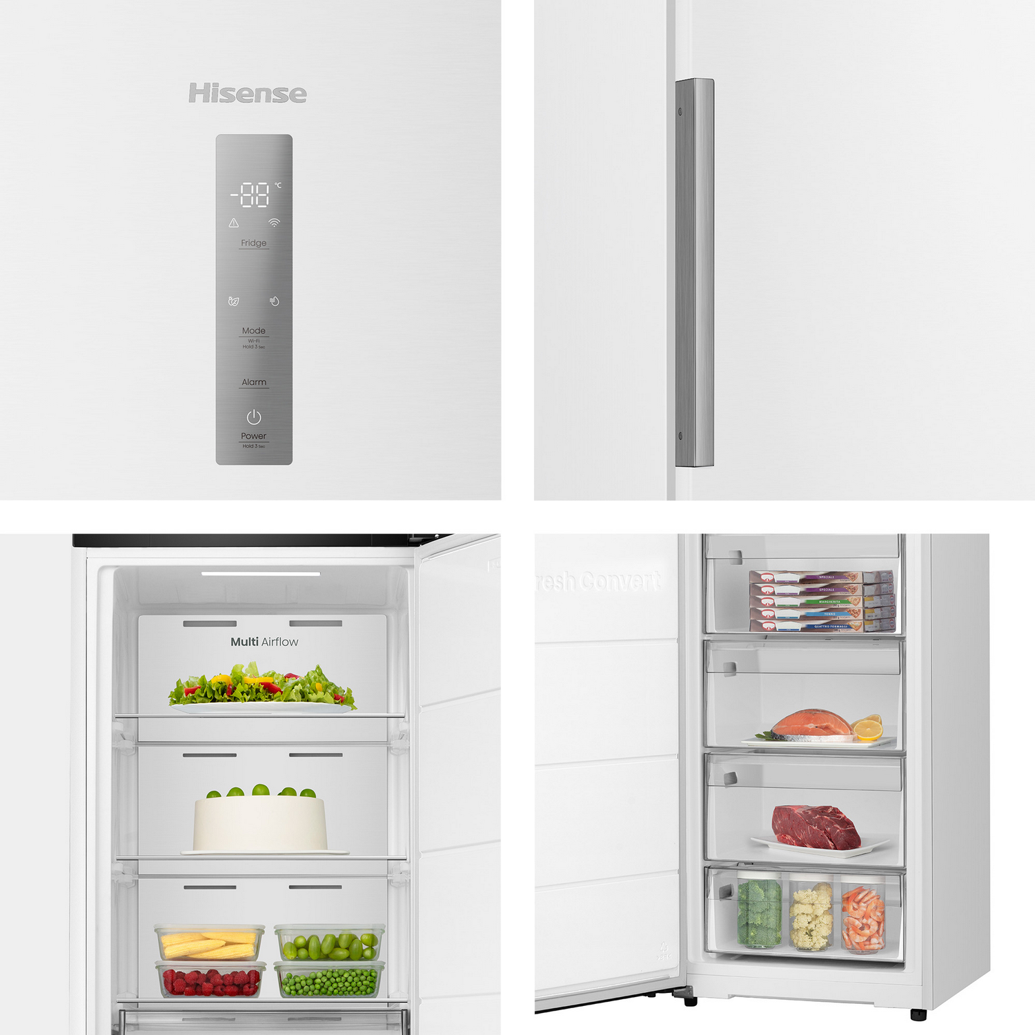 Primer plano de un refrigerador blanco con varios compartimentos, mostrando comida y controles digitales.