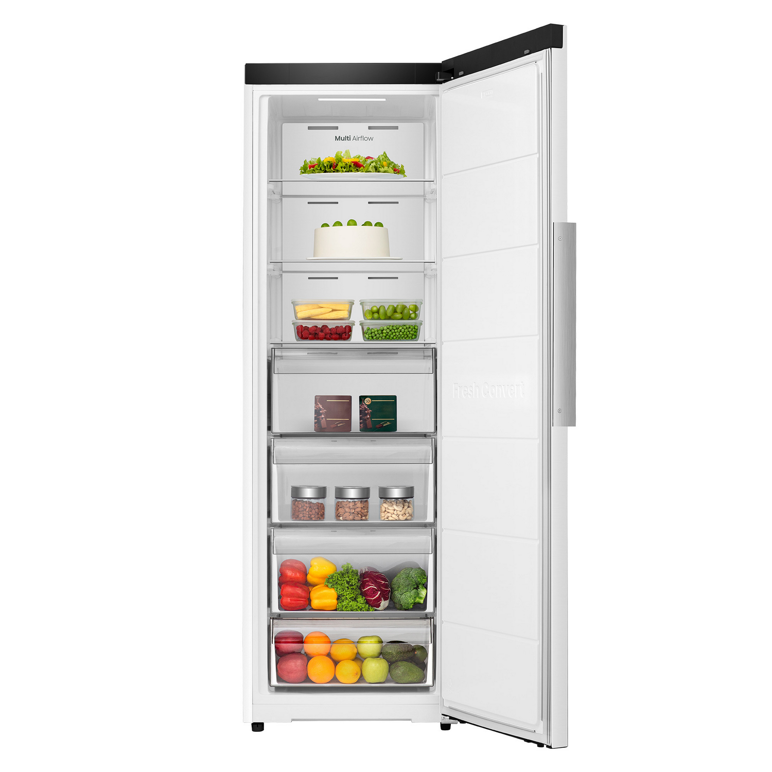 Refrigerador blanco con puerta abierta, mostrando varios alimentos en cajones y estantes.