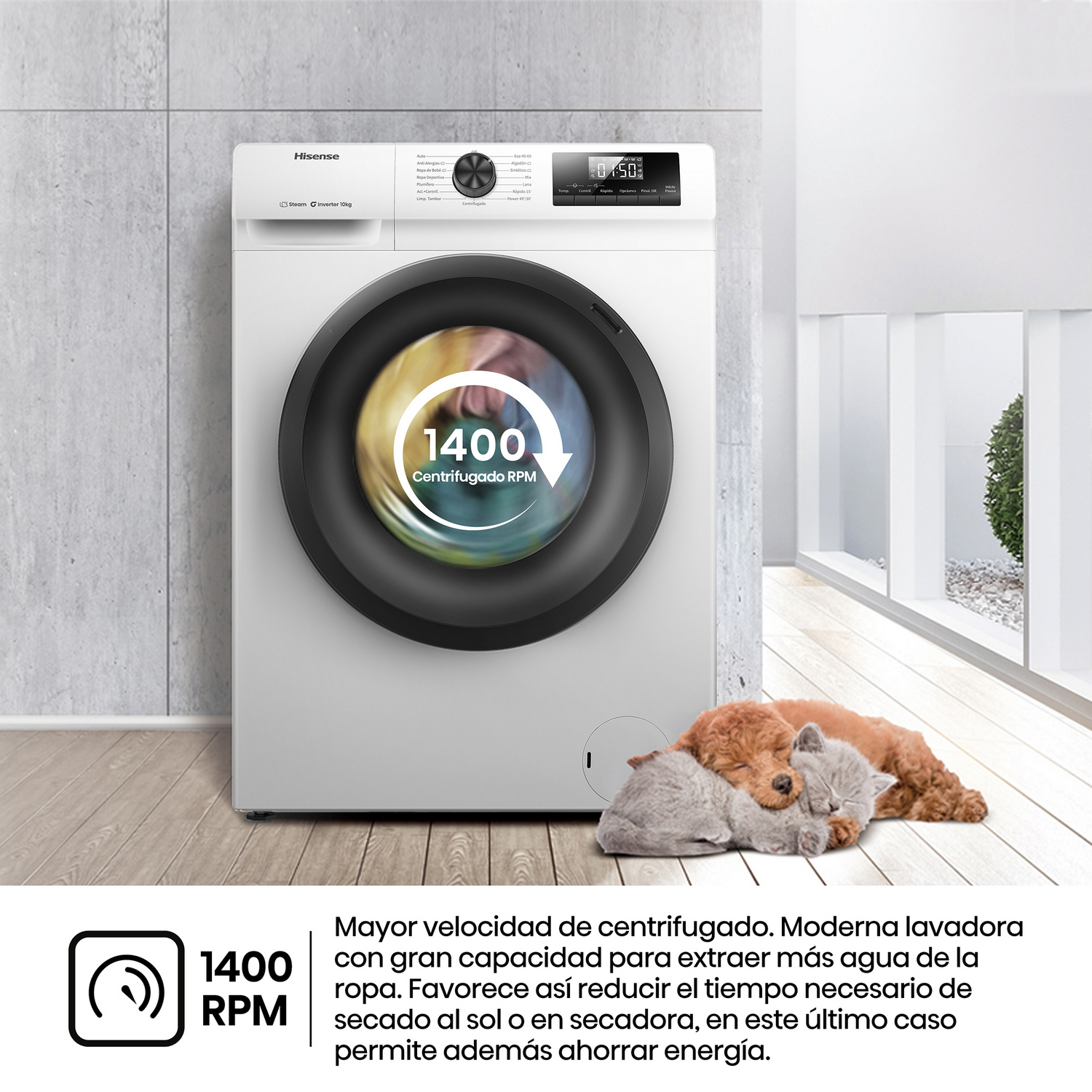 Una lavadora blanca, con texto y un gráfico que indica las RPM. Dos perros están durmiendo.