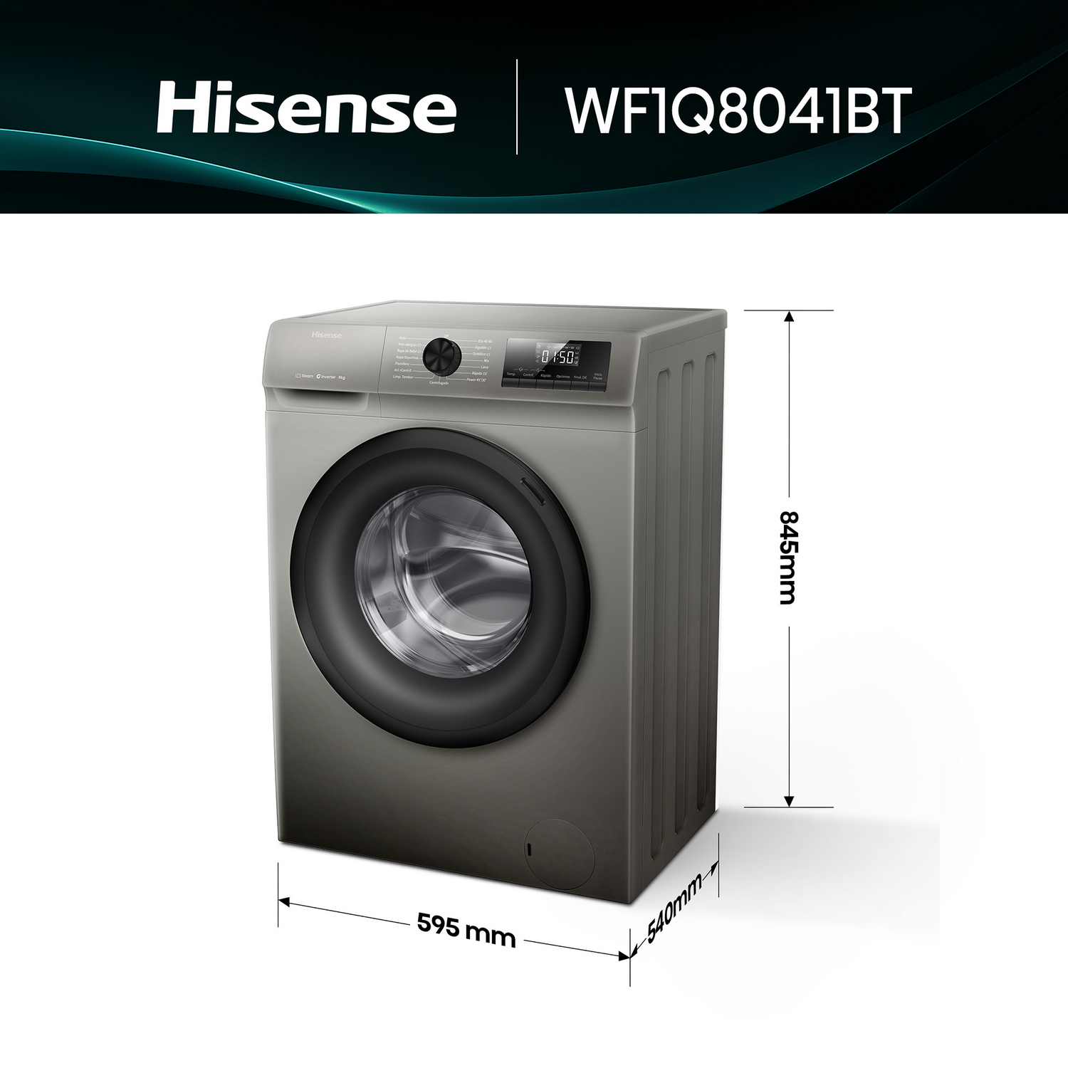 Lavadora Hisense con dimensiones mostradas. Color gris, estilo de carga frontal.
