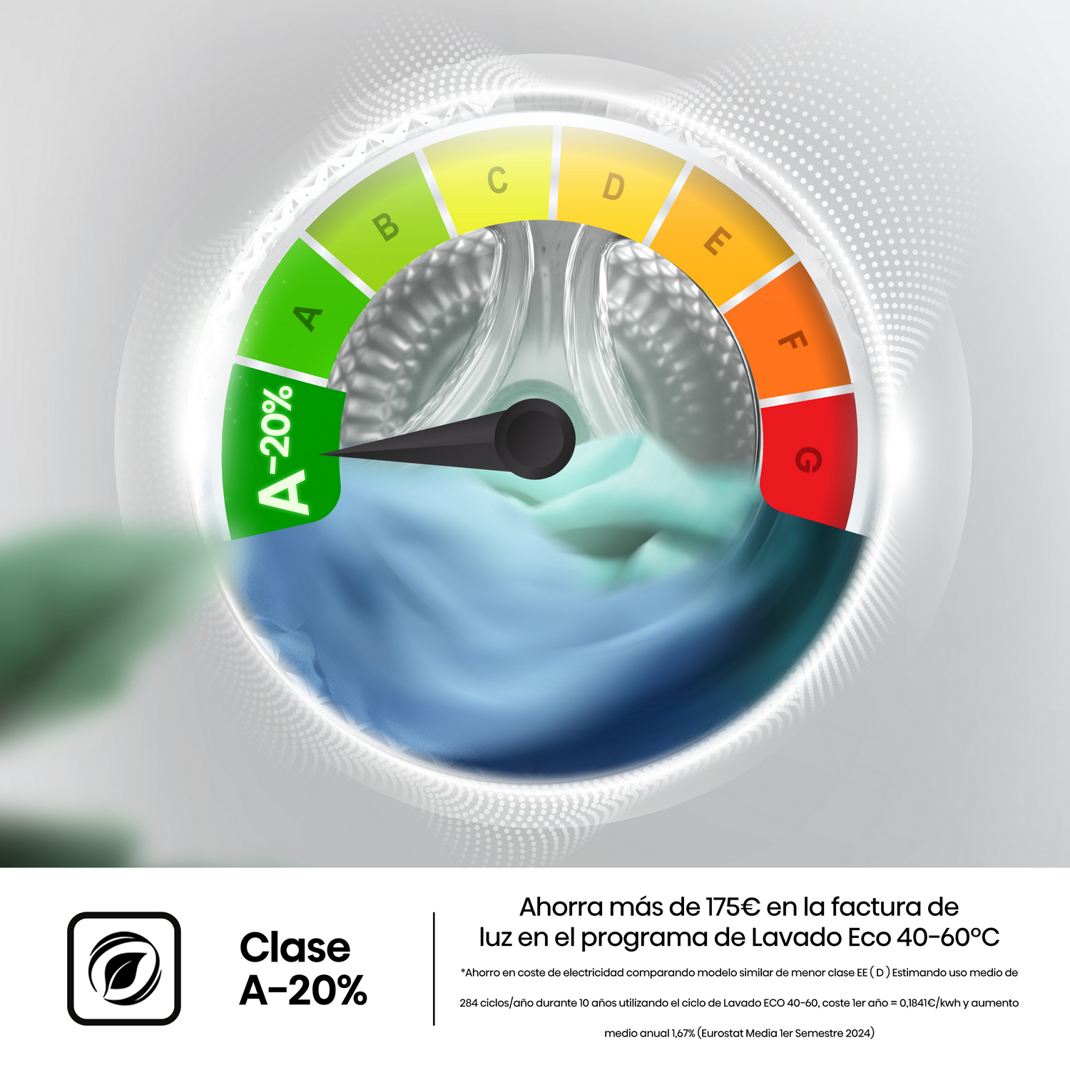 Etiqueta de eficiencia energética que muestra A-20% con un icono de lavadora. Verde y rojo.