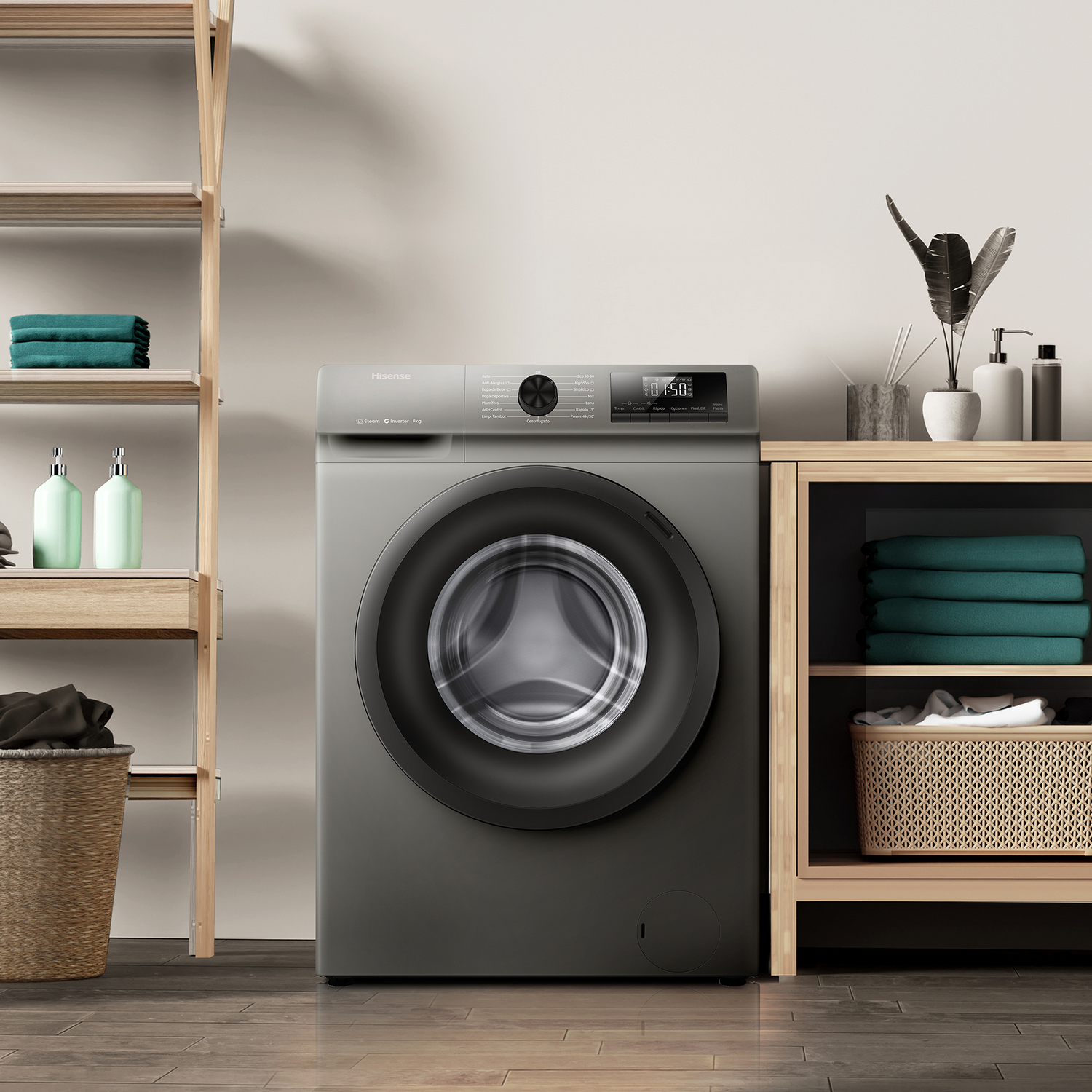Lavadora gris, estantes de madera con toallas y una cesta. Una moderna configuración de lavandería.
