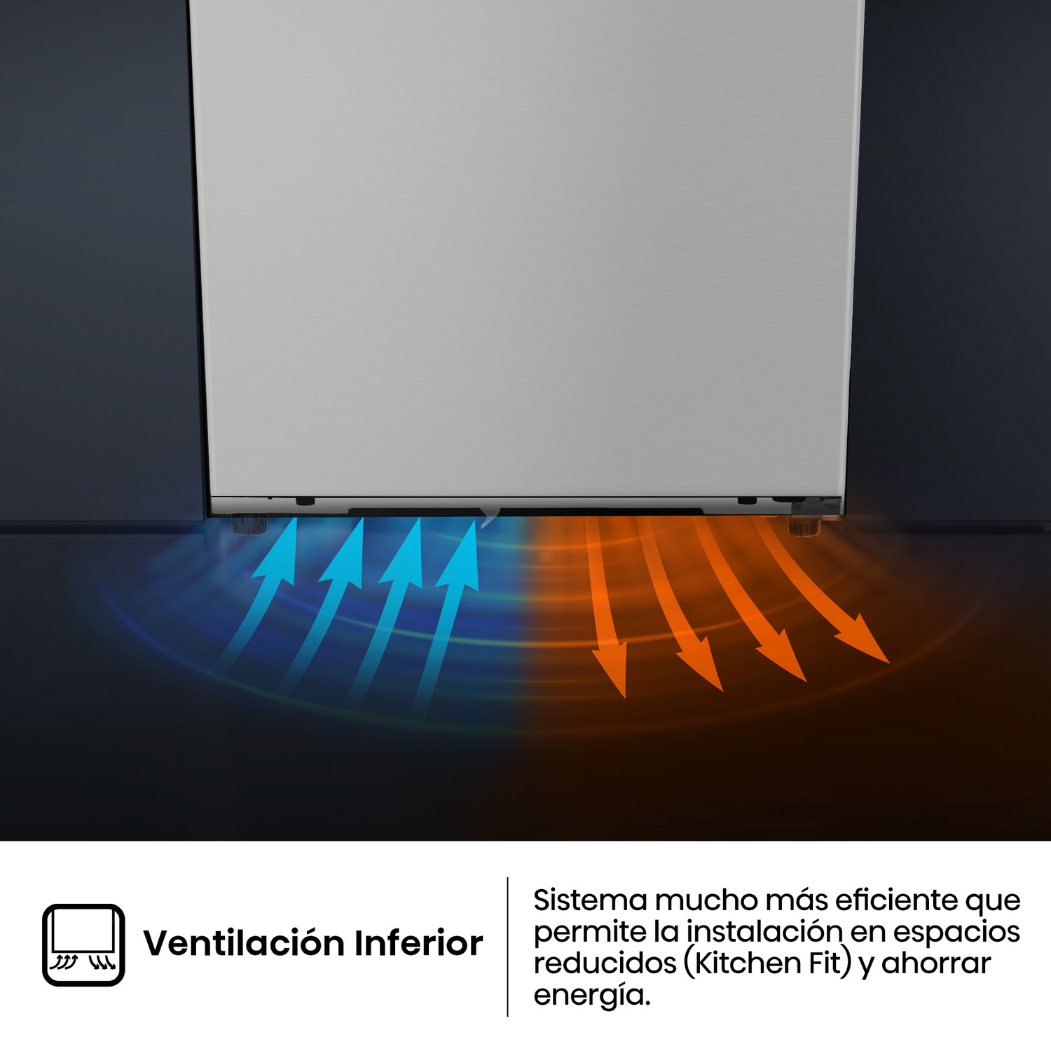 Parte inferior de un refrigerador con flechas azules y naranjas que indican el flujo de aire.