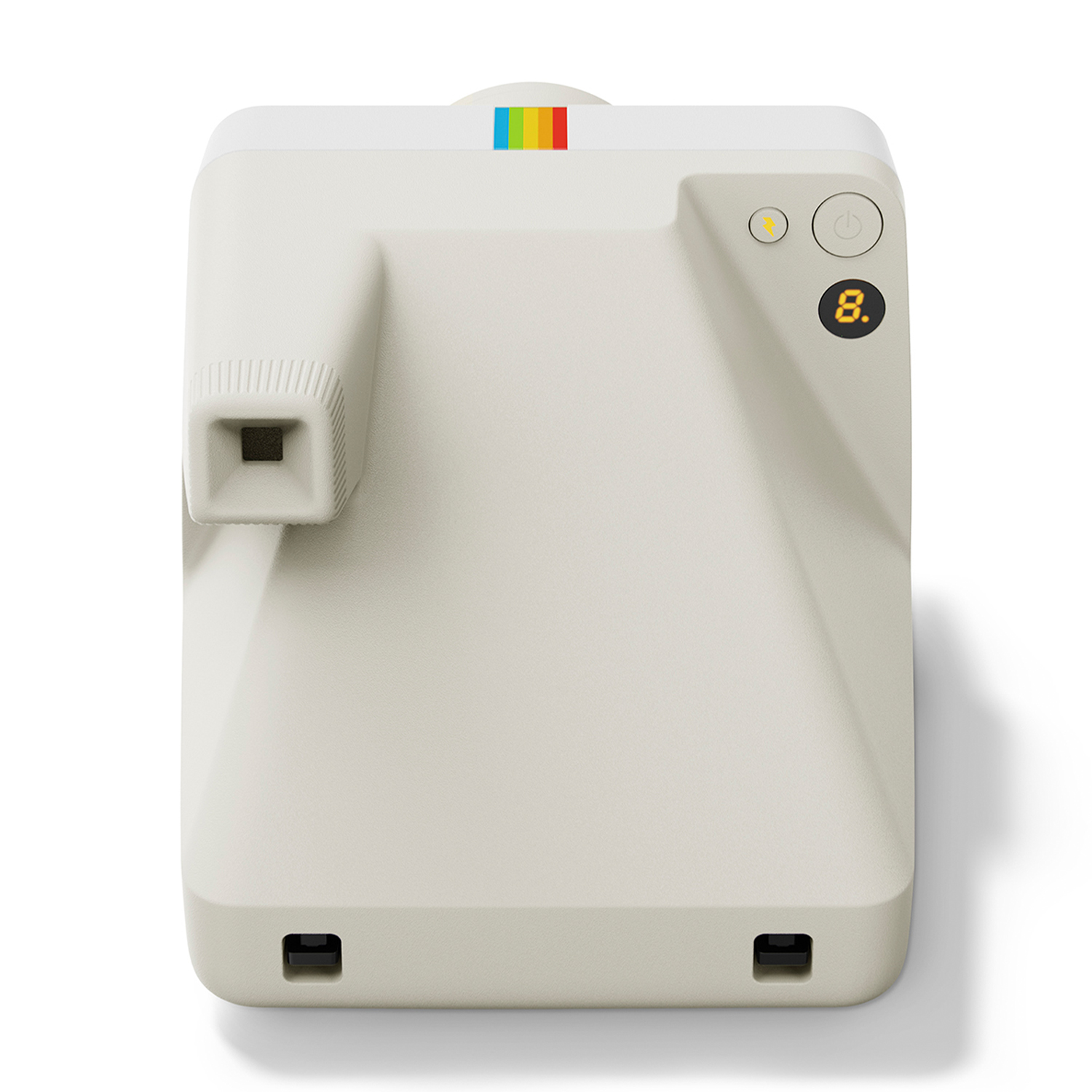 Fotocamera Polaroid beige, con una striscia arcobaleno. Il display mostra il numero 8.