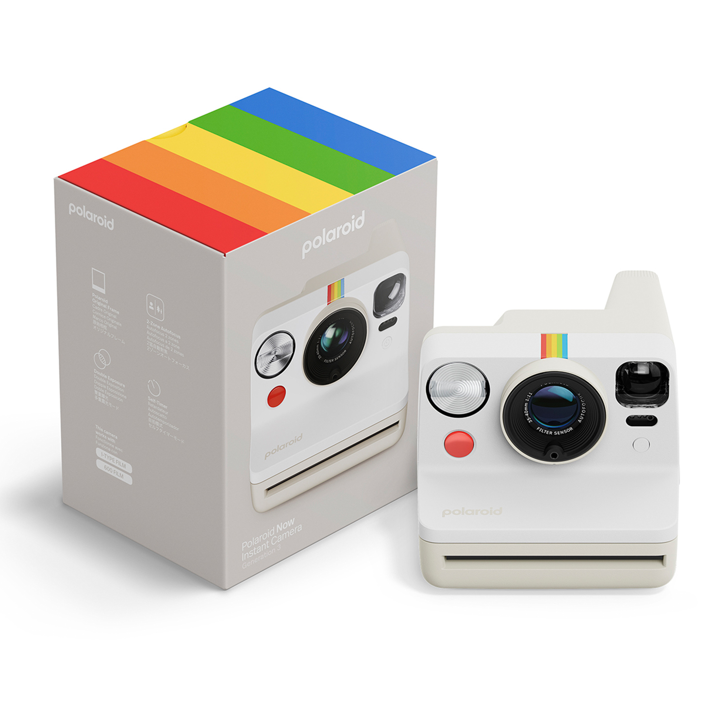Fotocamera istantanea Polaroid Now bianca con scatola. Scatola con striscia arcobaleno. Fotocamera con striscia e pulsante rosso.