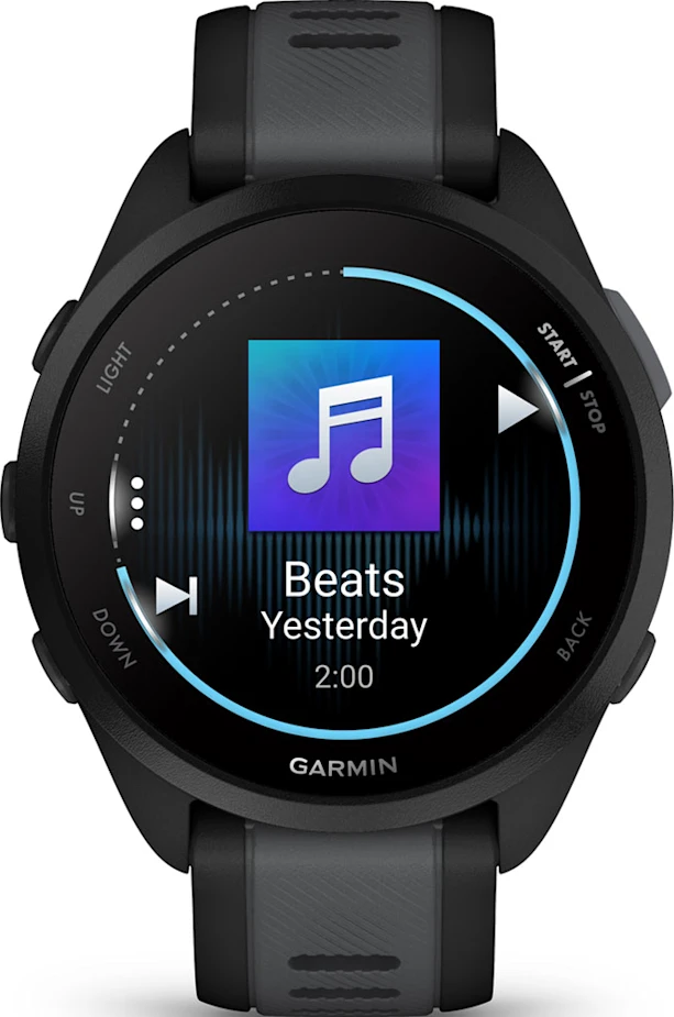 Smartwatch Garmin affichant les commandes musicales et l'illustration de l'album.