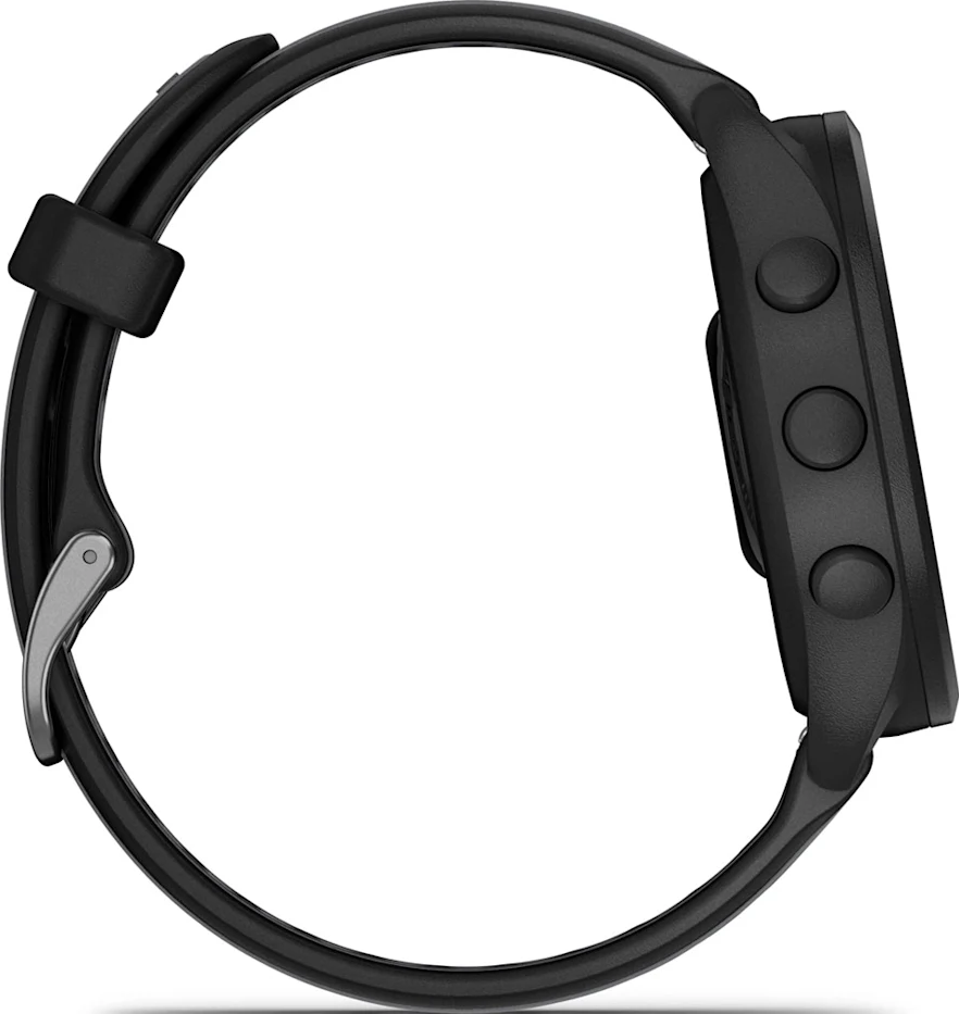 Une montre intelligente noire avec un bracelet noir, montrant le côté avec les boutons.