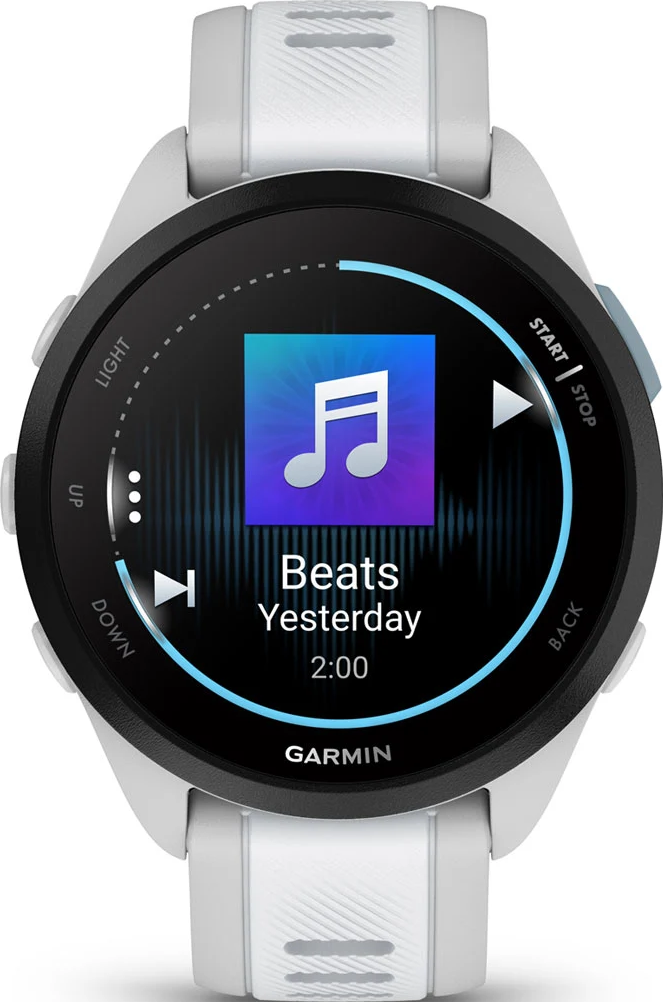 Weiße Garmin Uhr mit Musiksymbol auf dem Bildschirm.