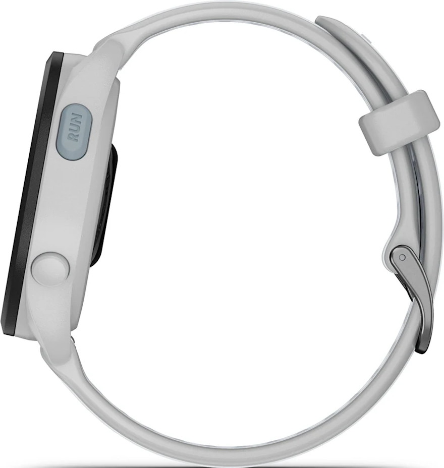 Seitenansicht einer weißen Smartwatch mit grauem Knopf und Band.