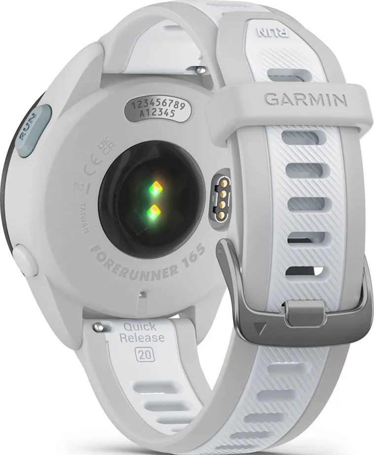 Garmin Forerunner 165 Uhr auf weißem Hintergrund. Rückansicht, Details zeigend.